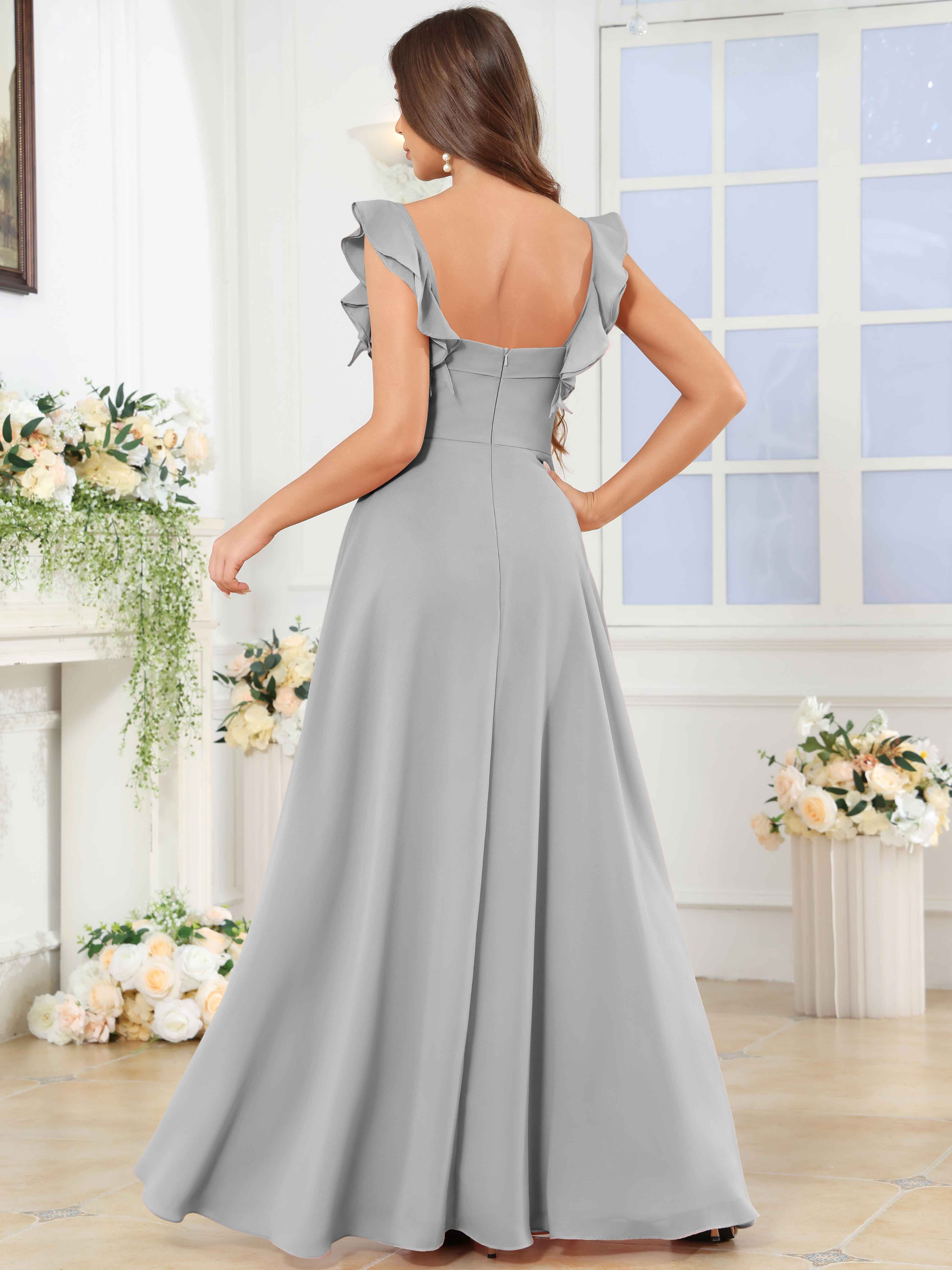 ROVDESY Square Neck Ruffle Chffion Bridesmaid Dress With Slit