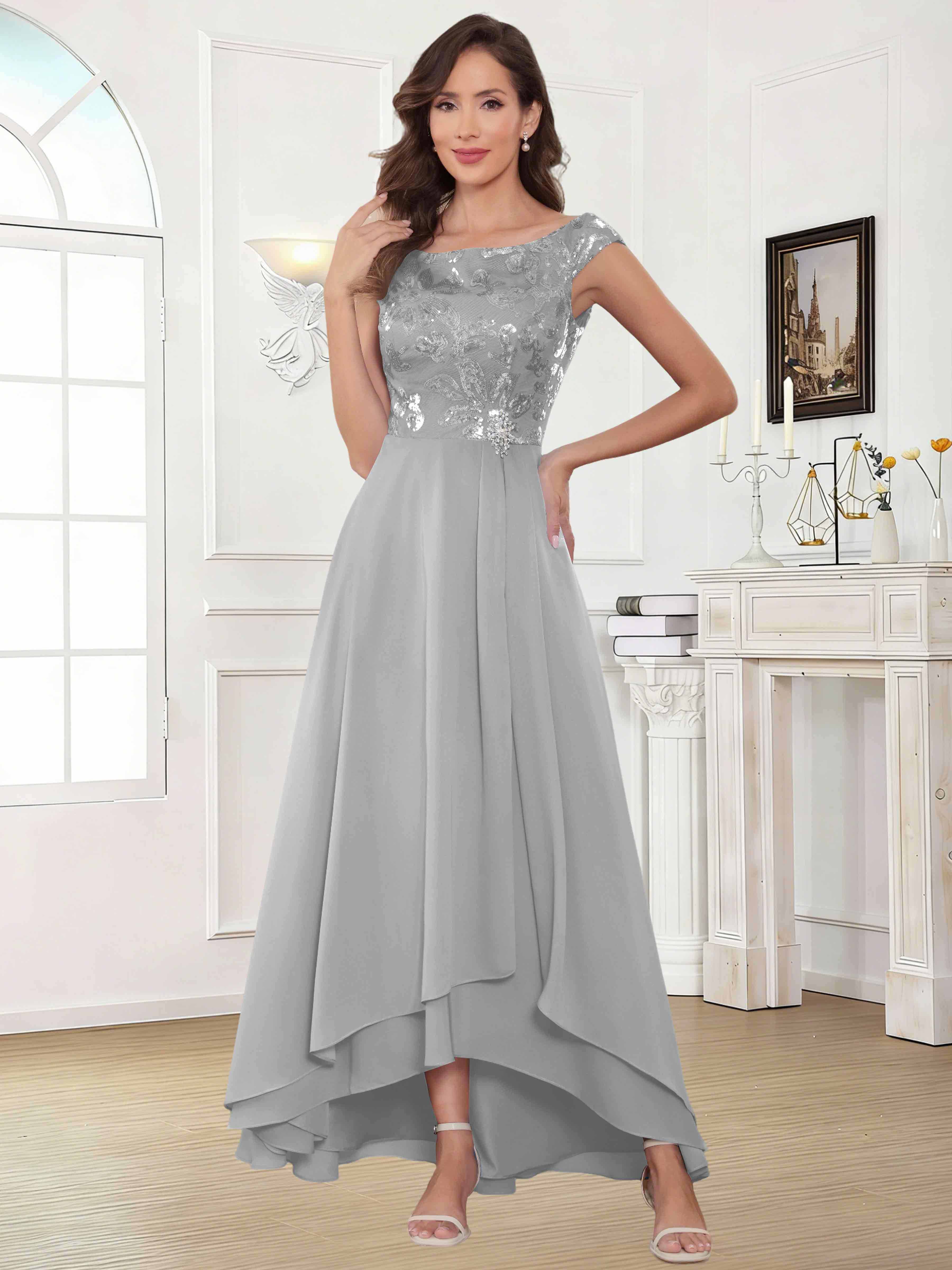 ROVDESY Tea Length Off-The-Shoulder Sequin Chiffon Mother Of The Bride Dress