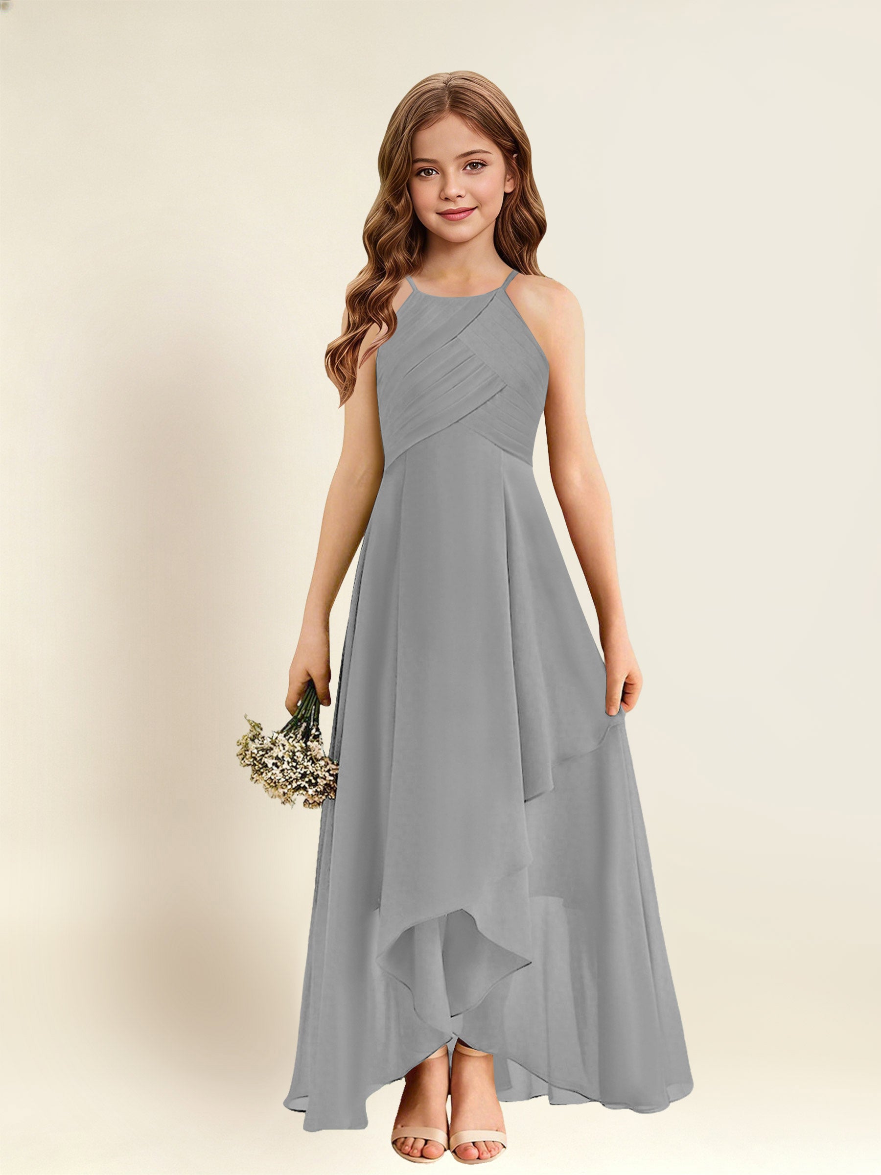 ROVDESY A-Line Halter Pleated Chiffon Junior Bridesmaid Dress