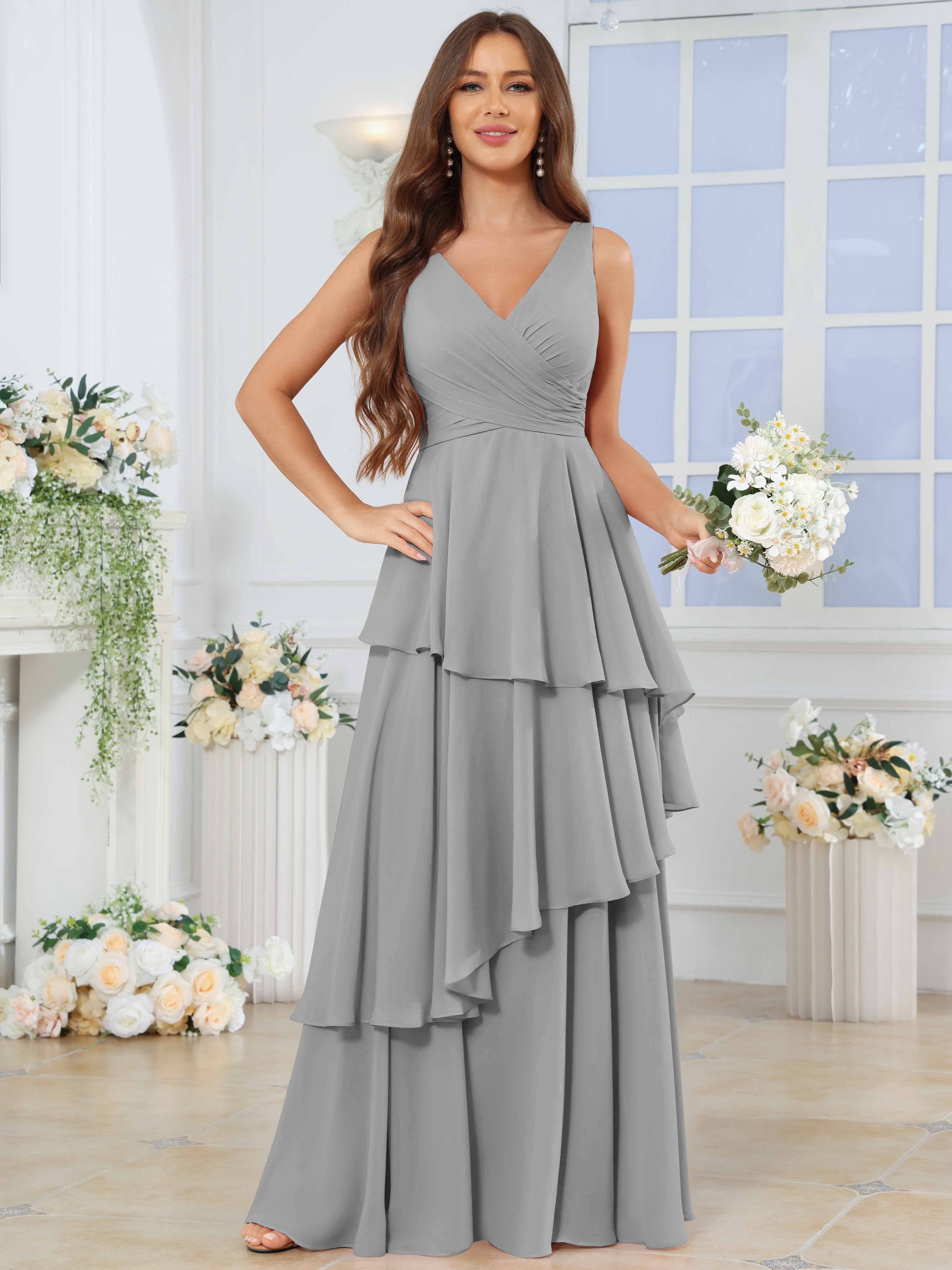 ROVDESY Long Sleeveless V-Neck Tiered Pleated Chiffon Bridesmaid Dress