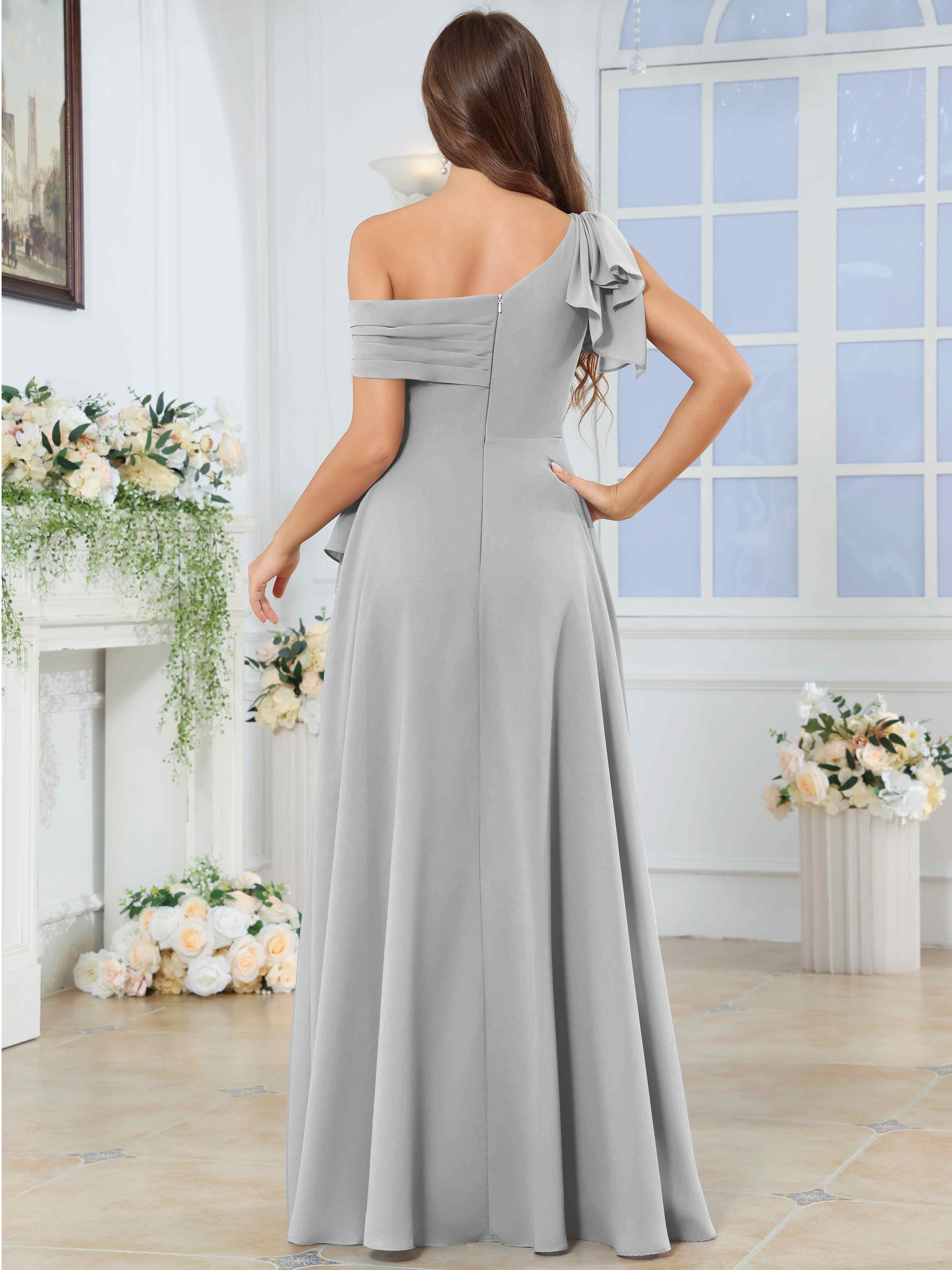 ROVDESY One Shoulder Pleated Ruffle Chiffon Bridesmaid Dress With Slit