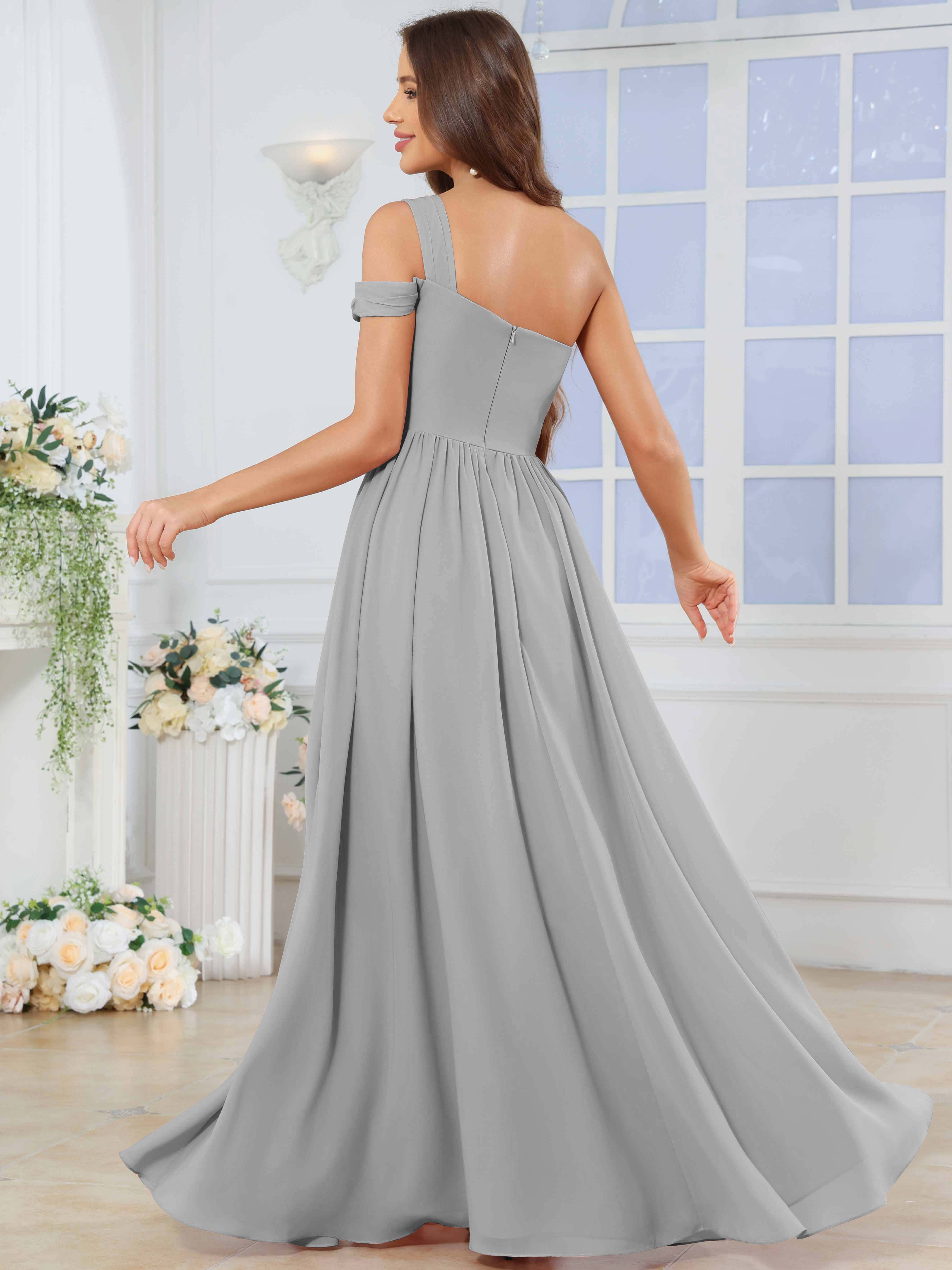ROVDESY One Shoulder Pleated Chiffon Bridesmaid Dress With Slit