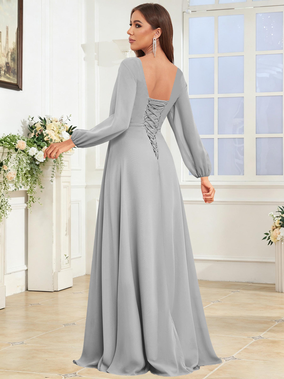 V Neck Chiffon Long Sleeve Bridesmaid Dresses with Slit