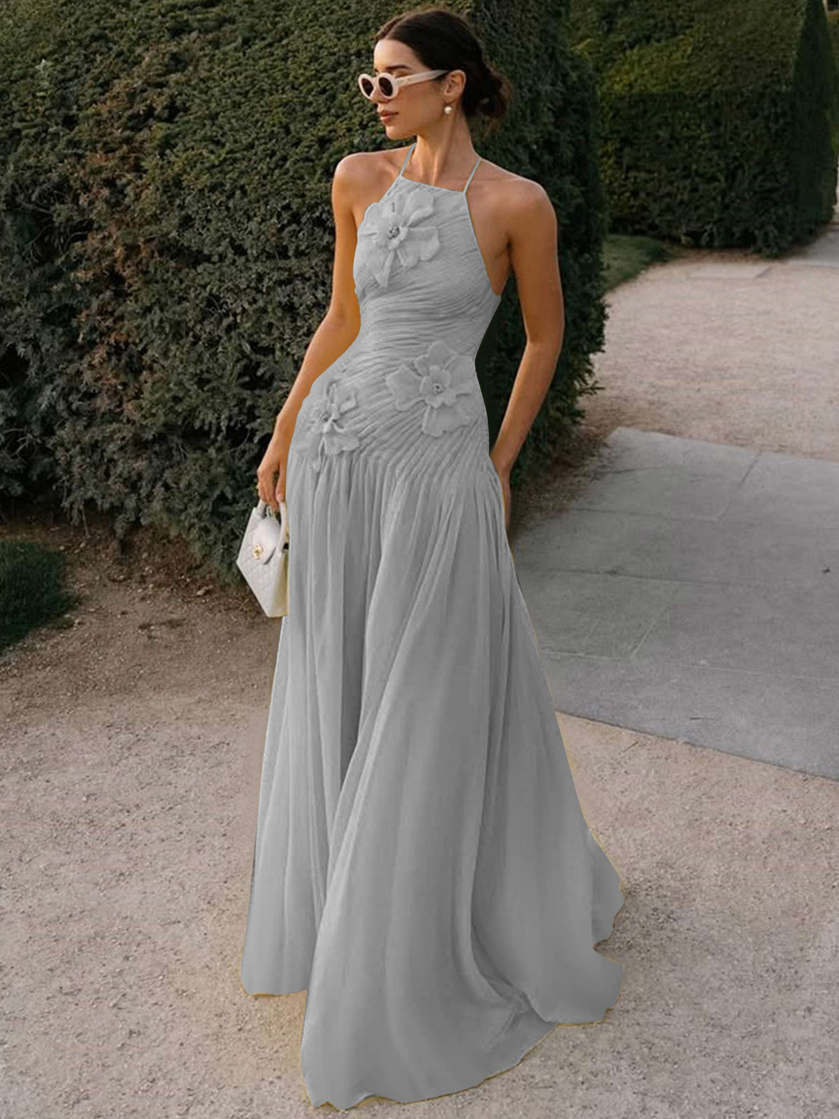 Halter Long Pleated Chiffon Prom Dress with 3D Flower