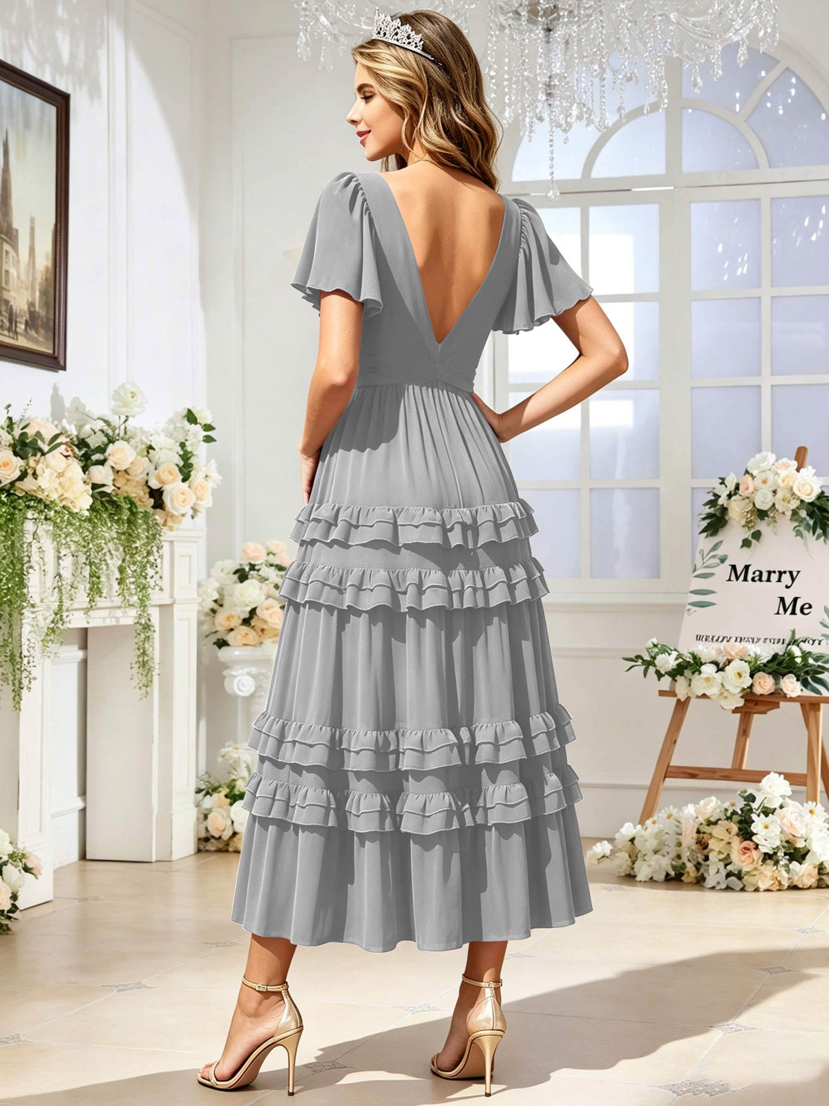 A Line Chiffon Pleated Bridesmaid Dress with Sleeves