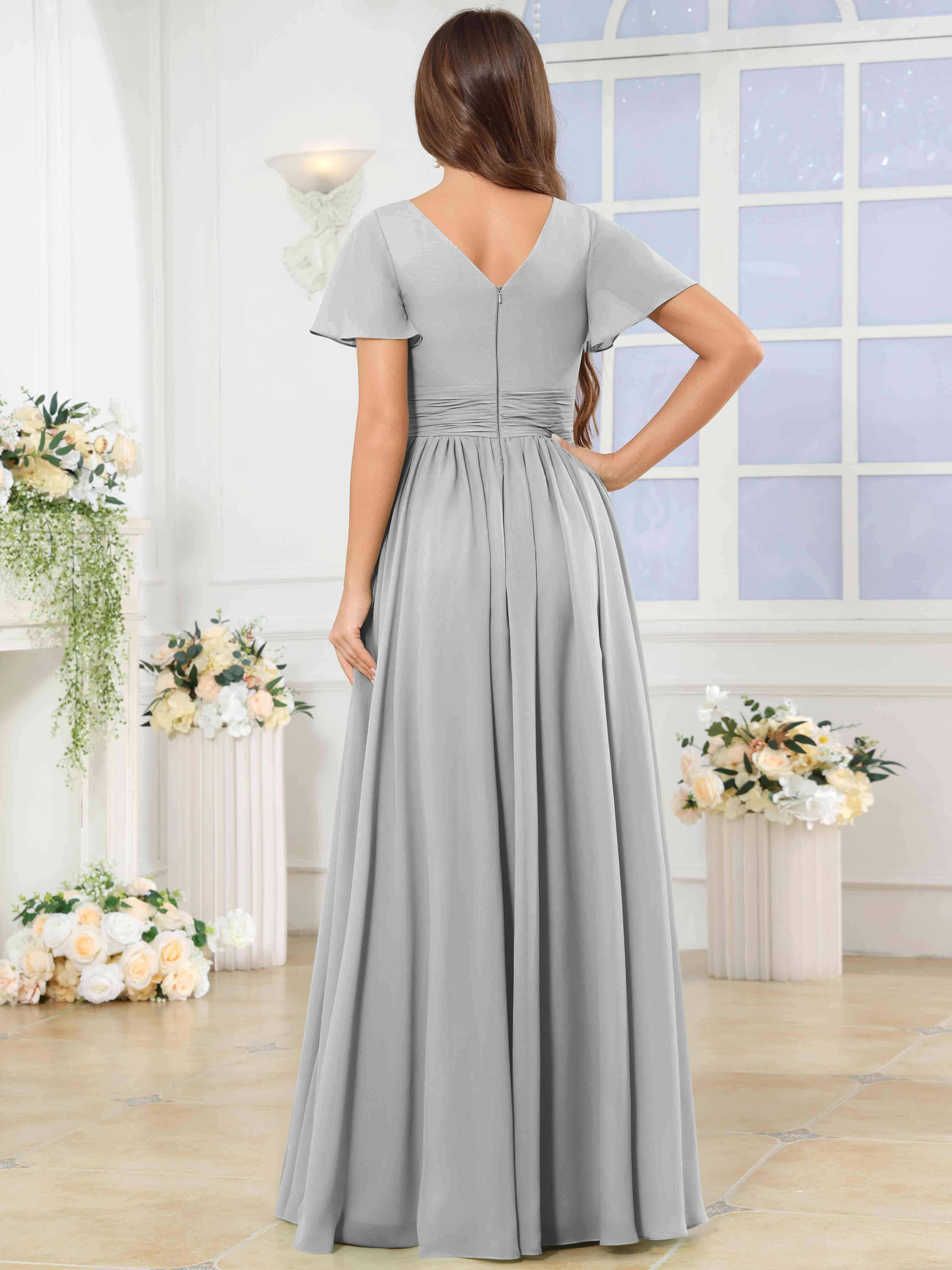 ROVDESY A-Line V-Neck Slit Pleated Ruffle Chiffon Bridesmaid Dress With Short Sleeves