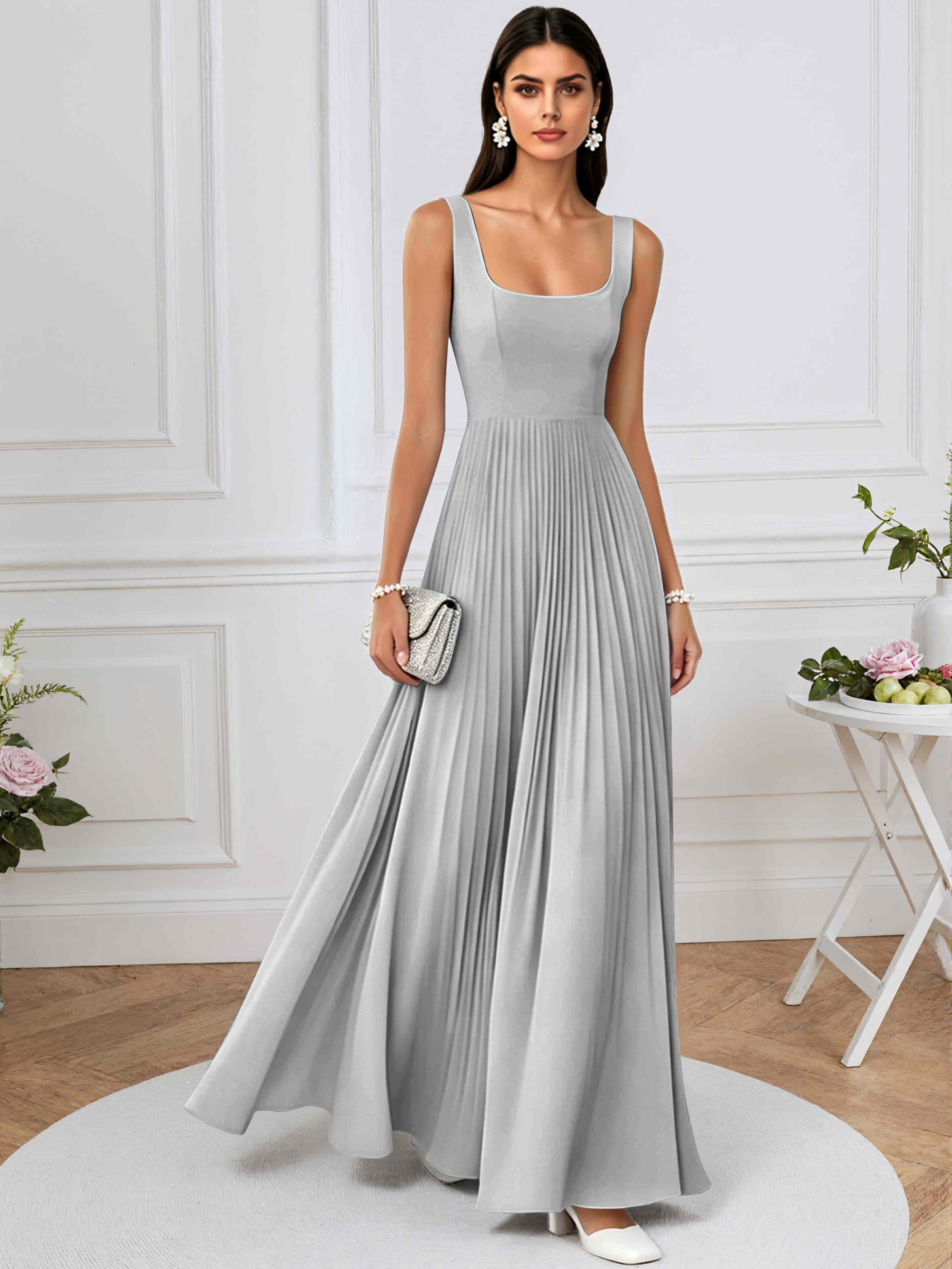 ROVDESY A-Line Square Neck Pleated Chiffon Long Bridesmaid/Prom Dress