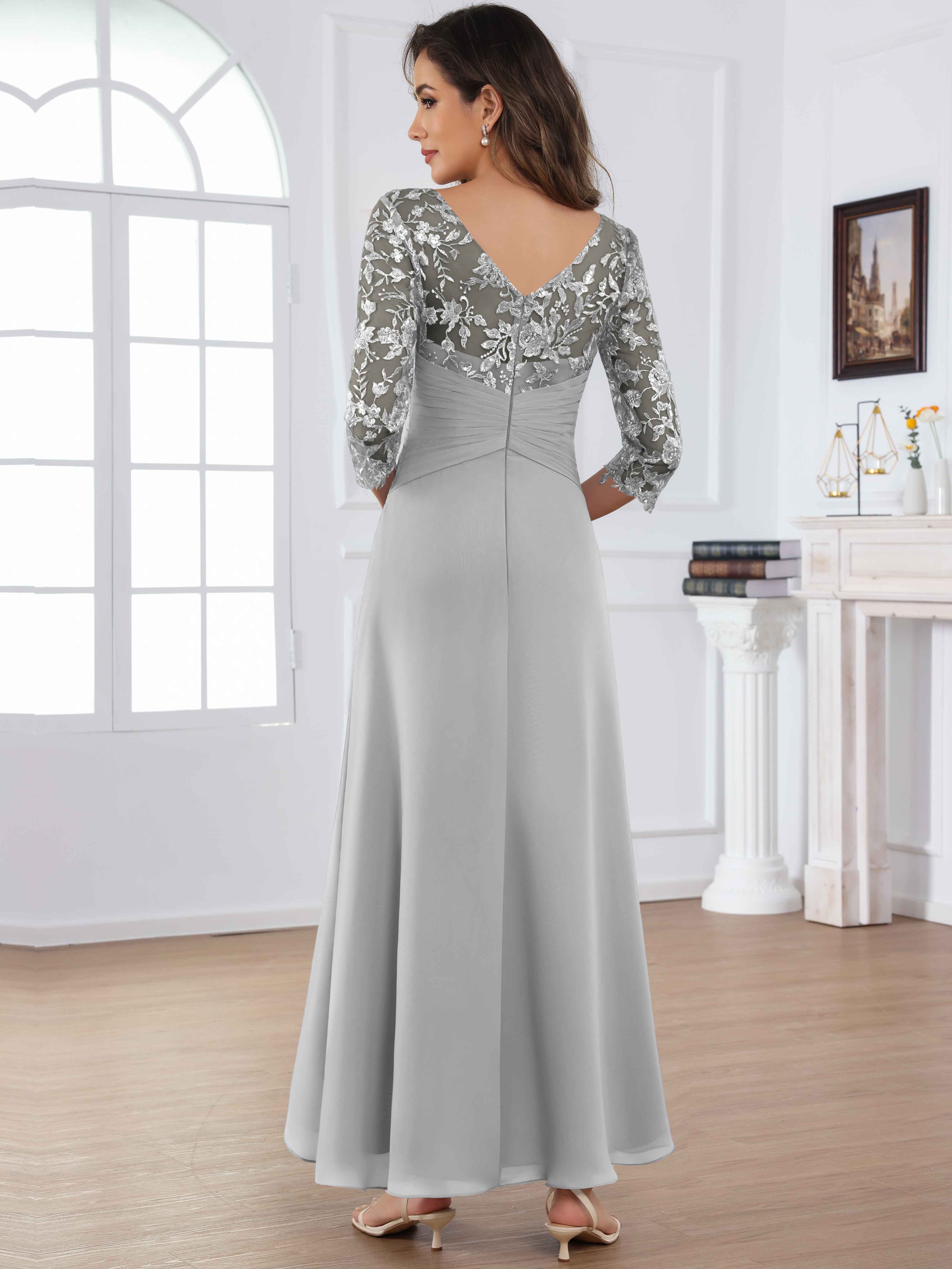 ROVDESY Tea Length Lace Chiffon Mother of The Bride Dress with 3/4 Sleeves