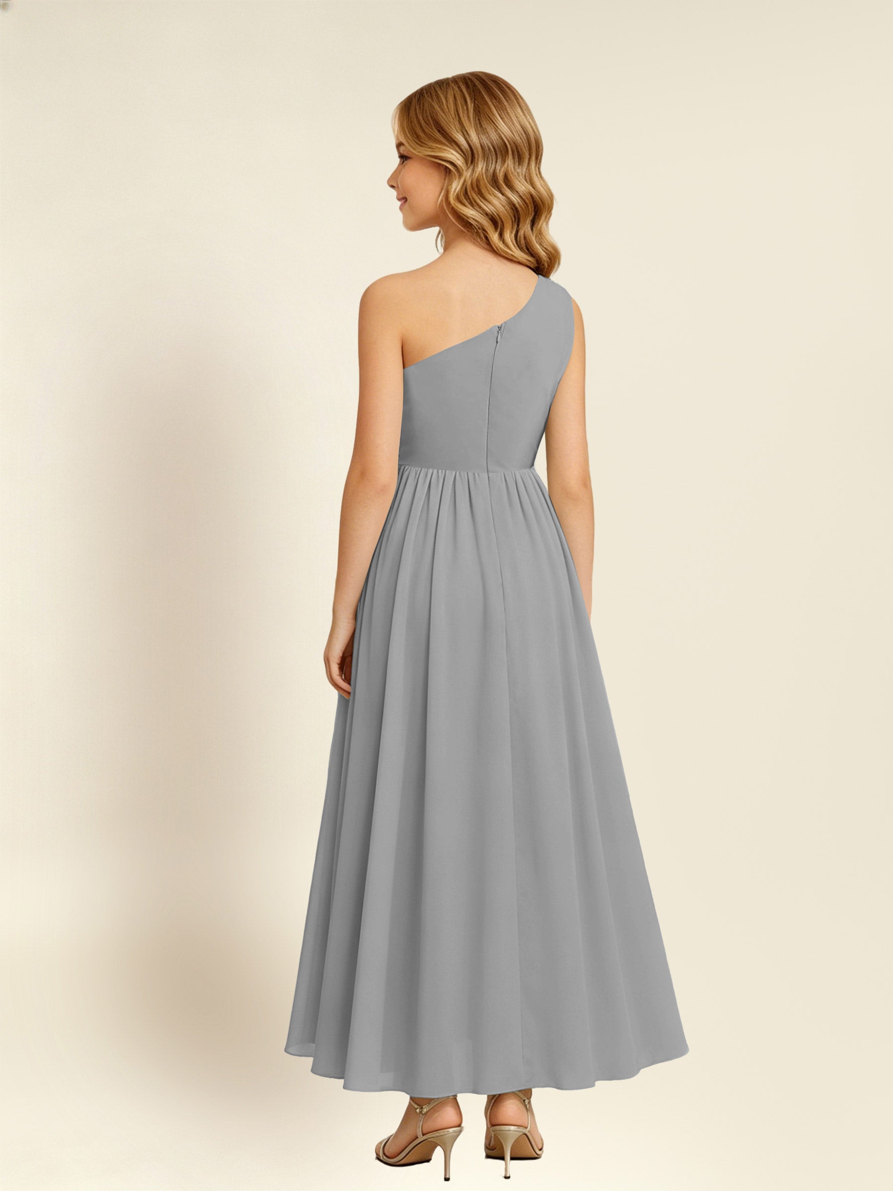 ROVDESY One Shoulder Twist Waist Chiffon Junior Bridesmaid Maxi Dress