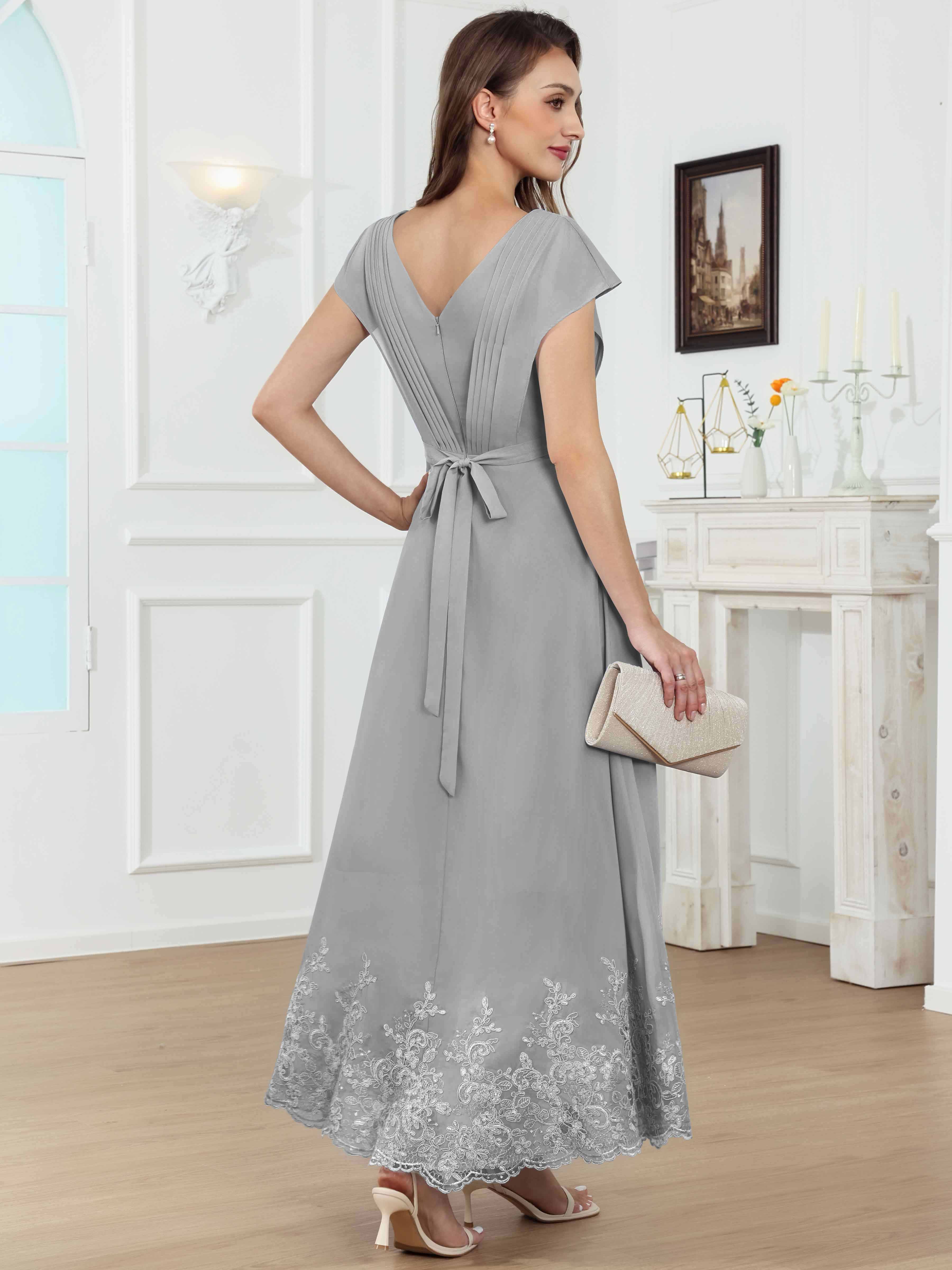 ROVDESY Tea Length High-Low V-Neck Ruched Lace Chiffon Mother of The Bride Dress for Women