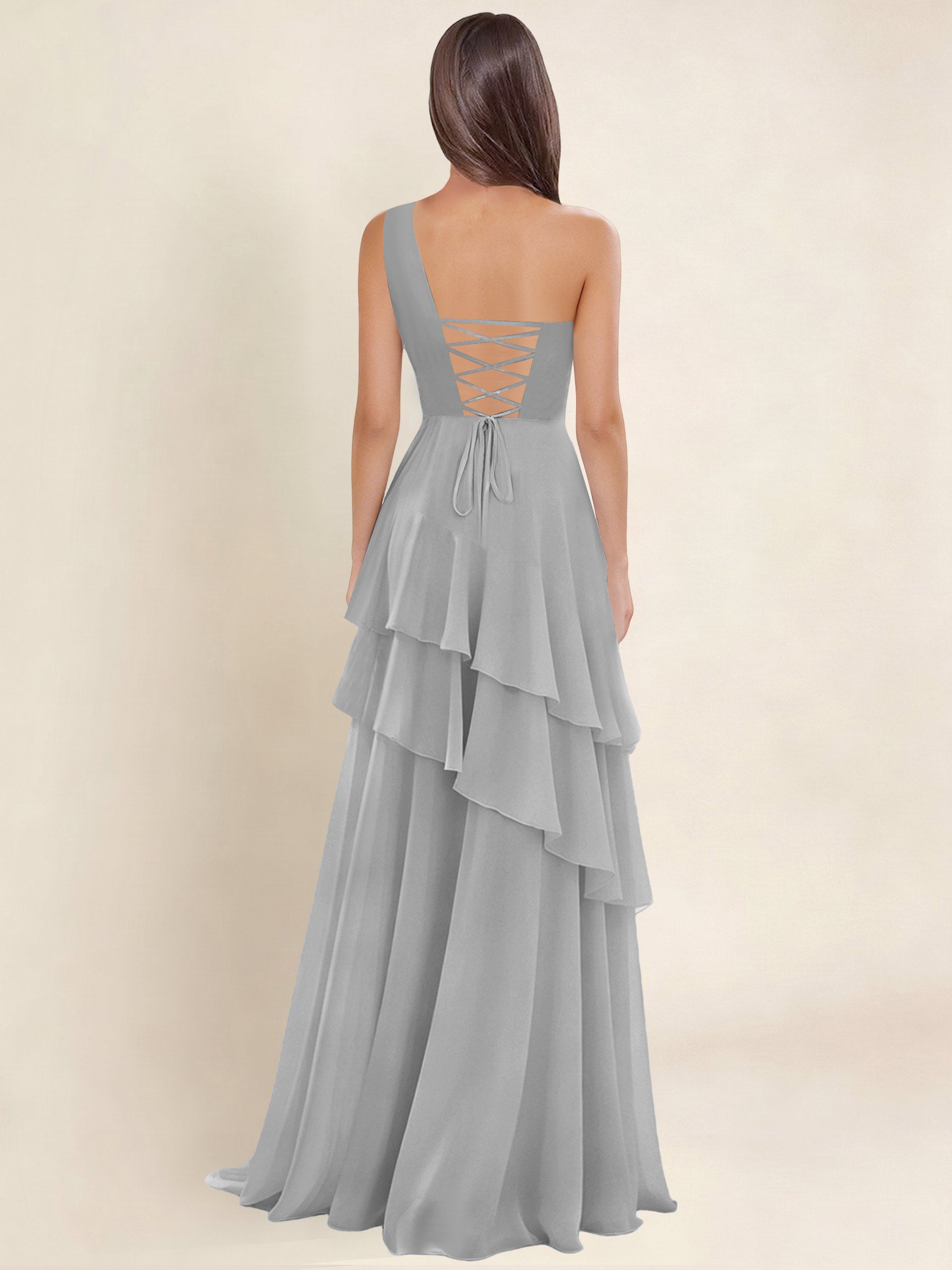 ROVDESY A-Line One Shoulder Pleated Tiered Chiffon Bridesmaid Dress