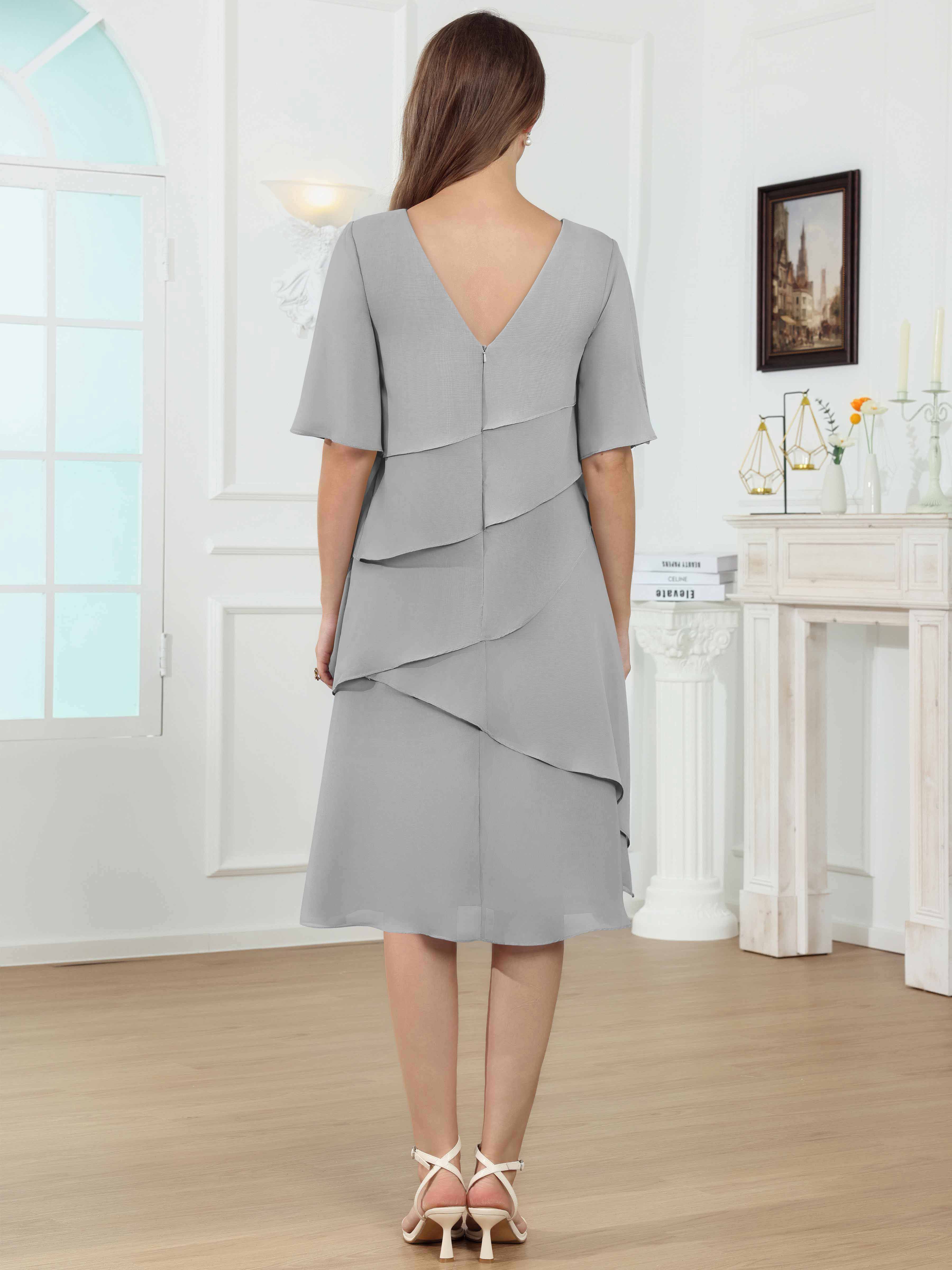 ROVDESY Knee Length Tiered Ruffle Chiffon Mother Of The Bride Dress With Half Sleeves