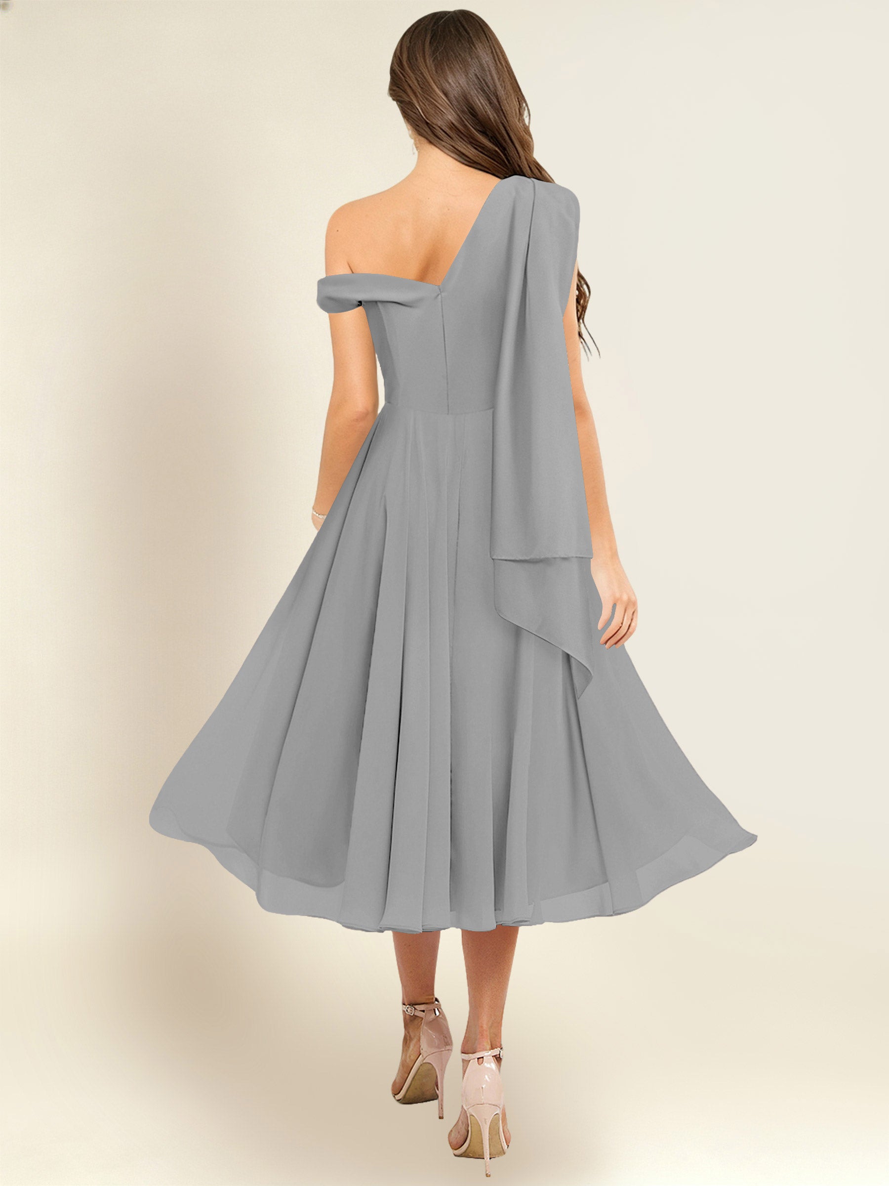 ROVDESY A-Line One Shoulder Pleated Chiffon Bridesmaid Dress With Flowing Sash