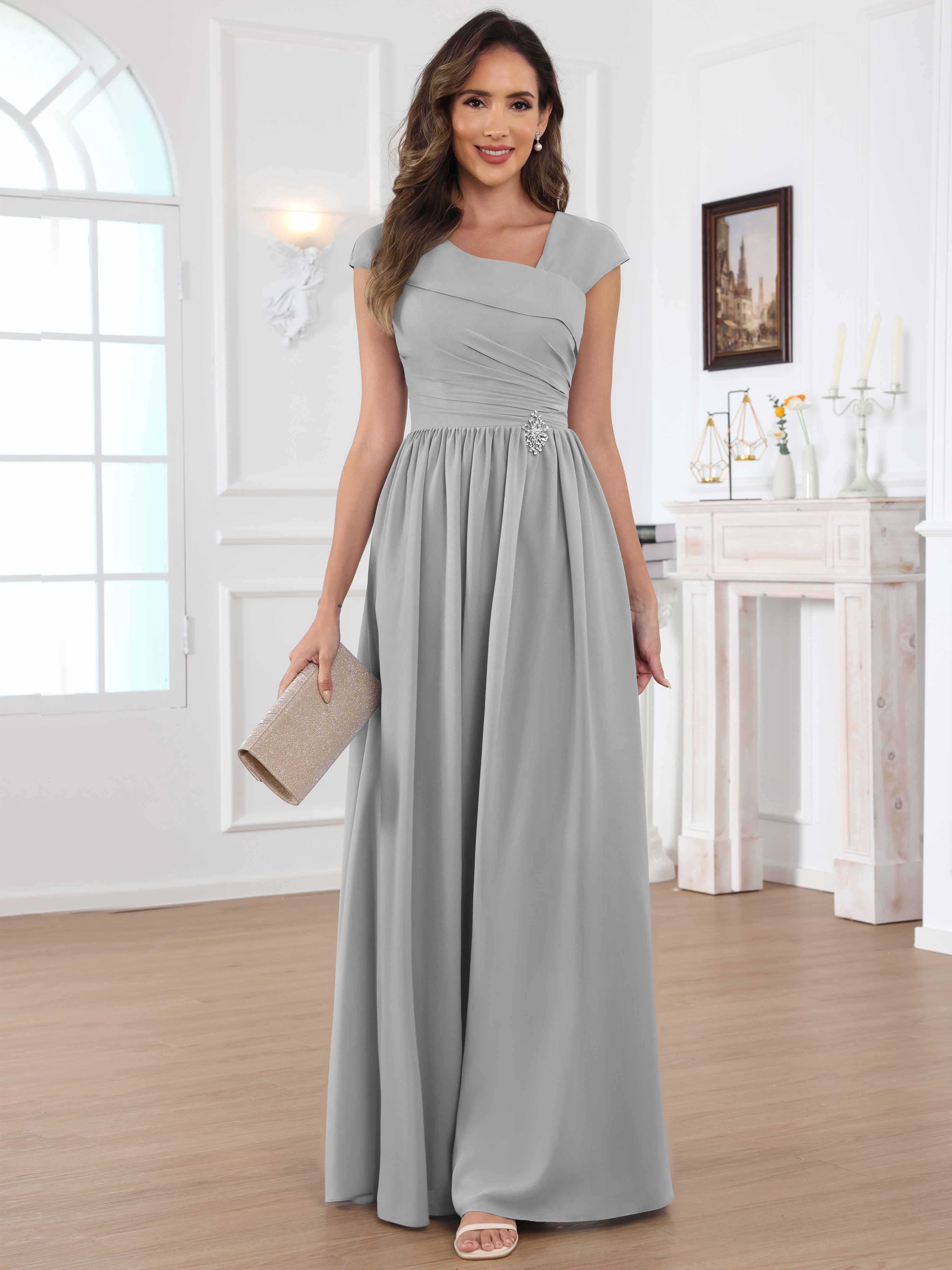 ROVDESY A-Line Cap Sleeves Pleated Chiffon Mother Of The Bride Dress