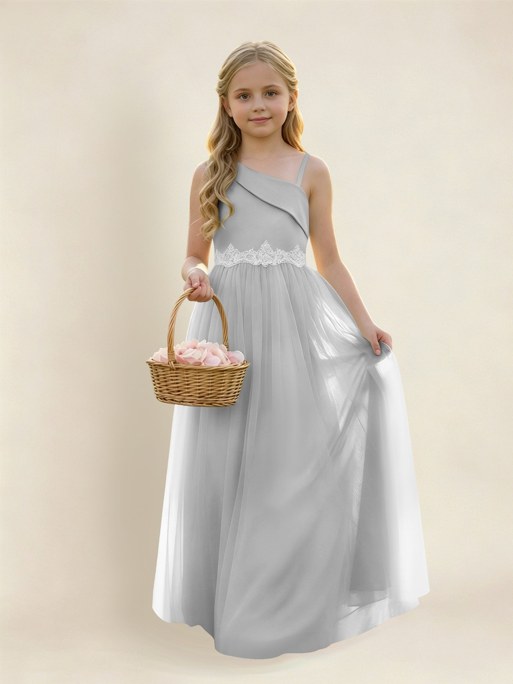 ROVDESY Asymmetric One Shoulder  Satin  Tulle Junior Bridesmaid Dress