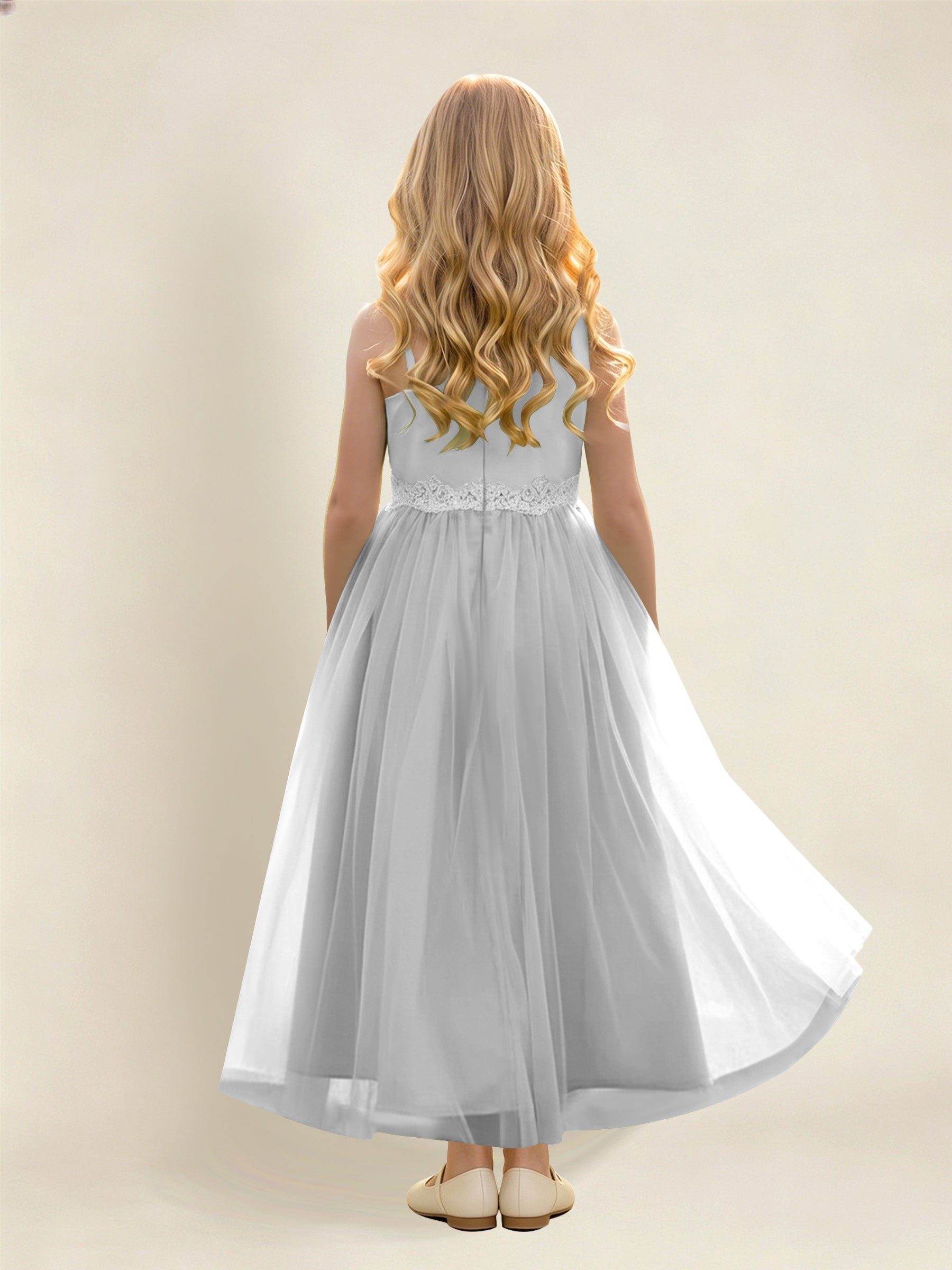 ROVDESY Asymmetric One Shoulder  Satin  Tulle Junior Bridesmaid Dress