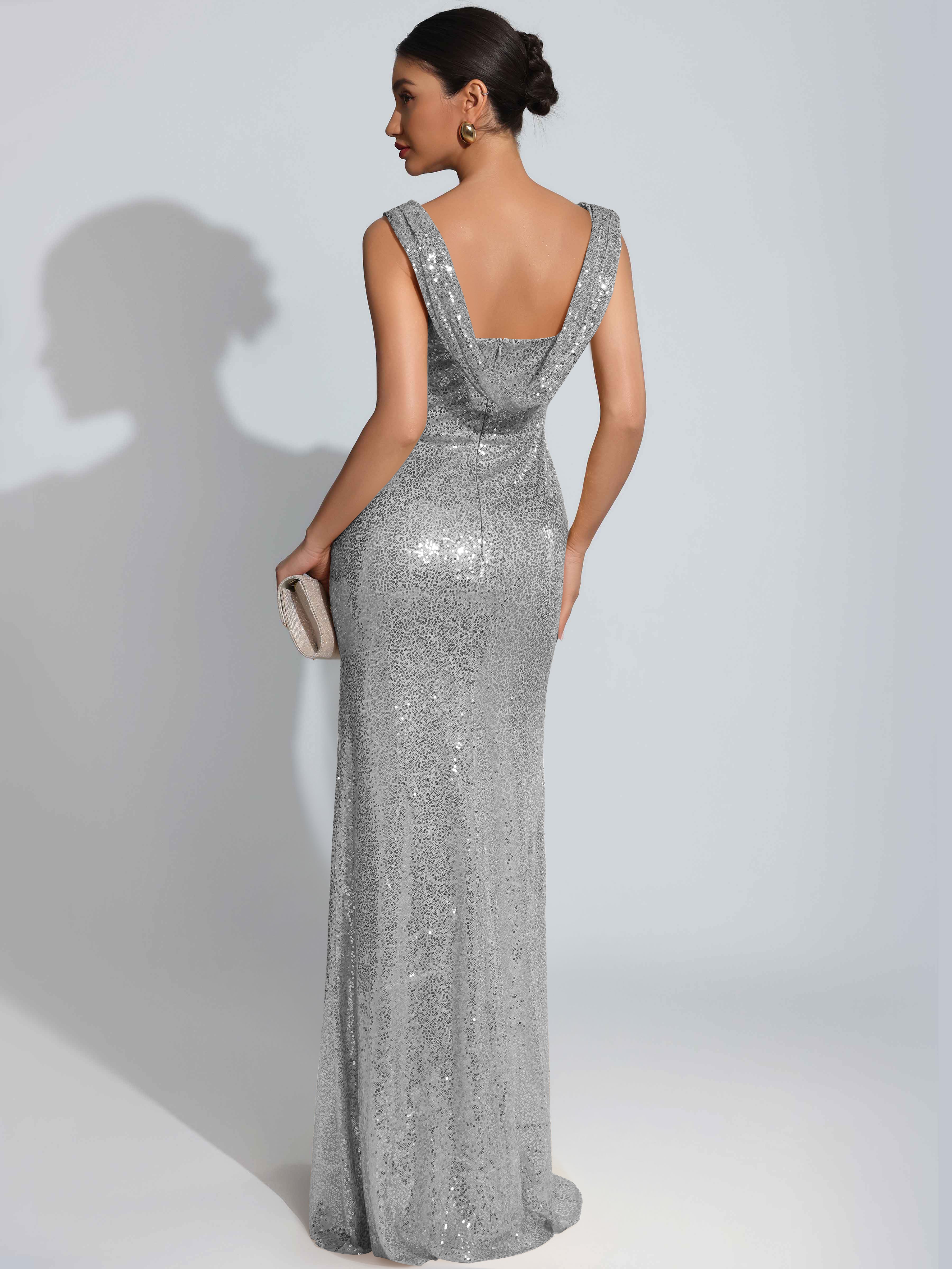 ROVDESY Sparkly Bateau Mermaid Ruched Sequin Long Prom Dress with Slit