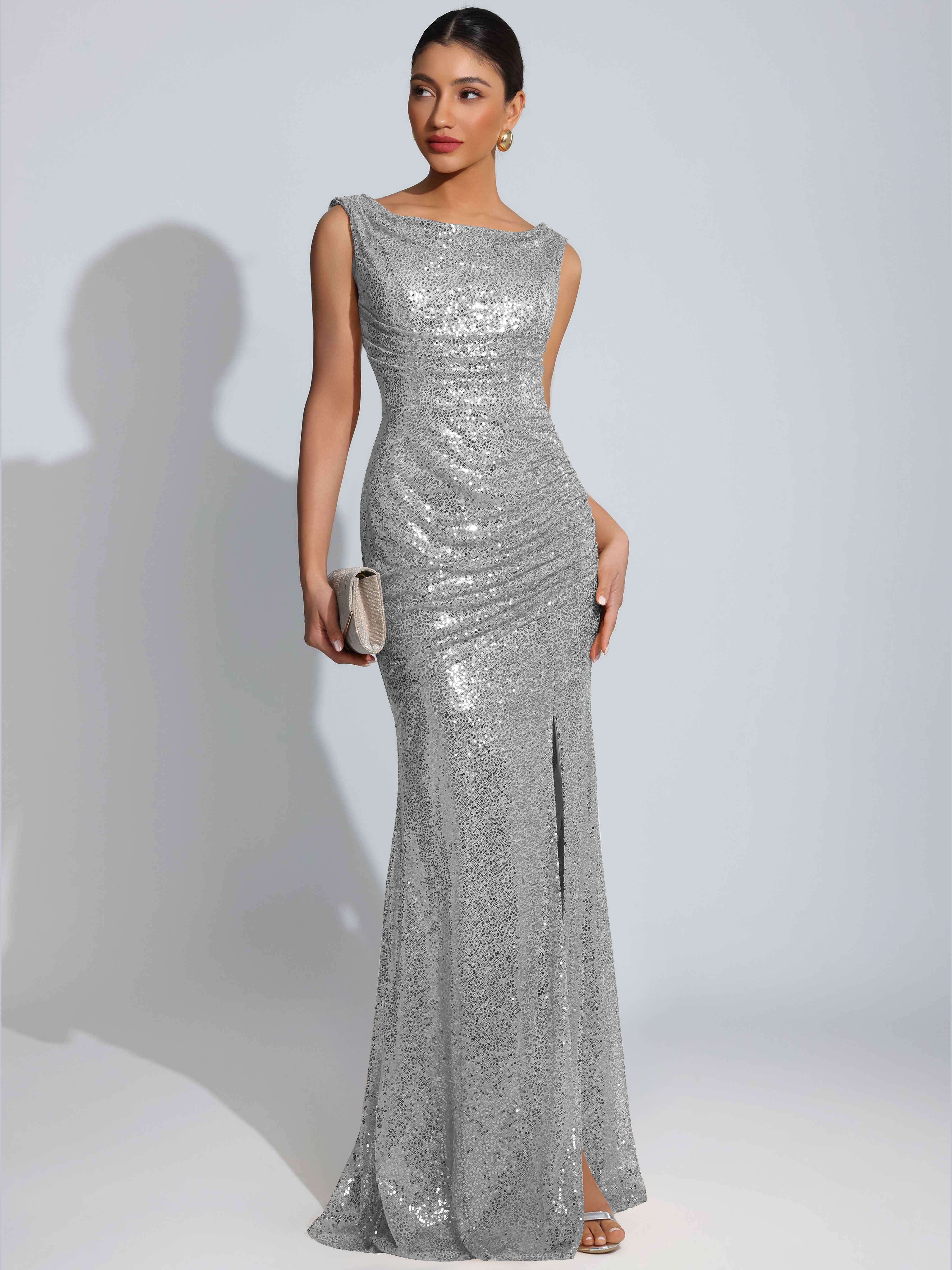 ROVDESY Sparkly Bateau Mermaid Ruched Sequin Long Prom Dress with Slit