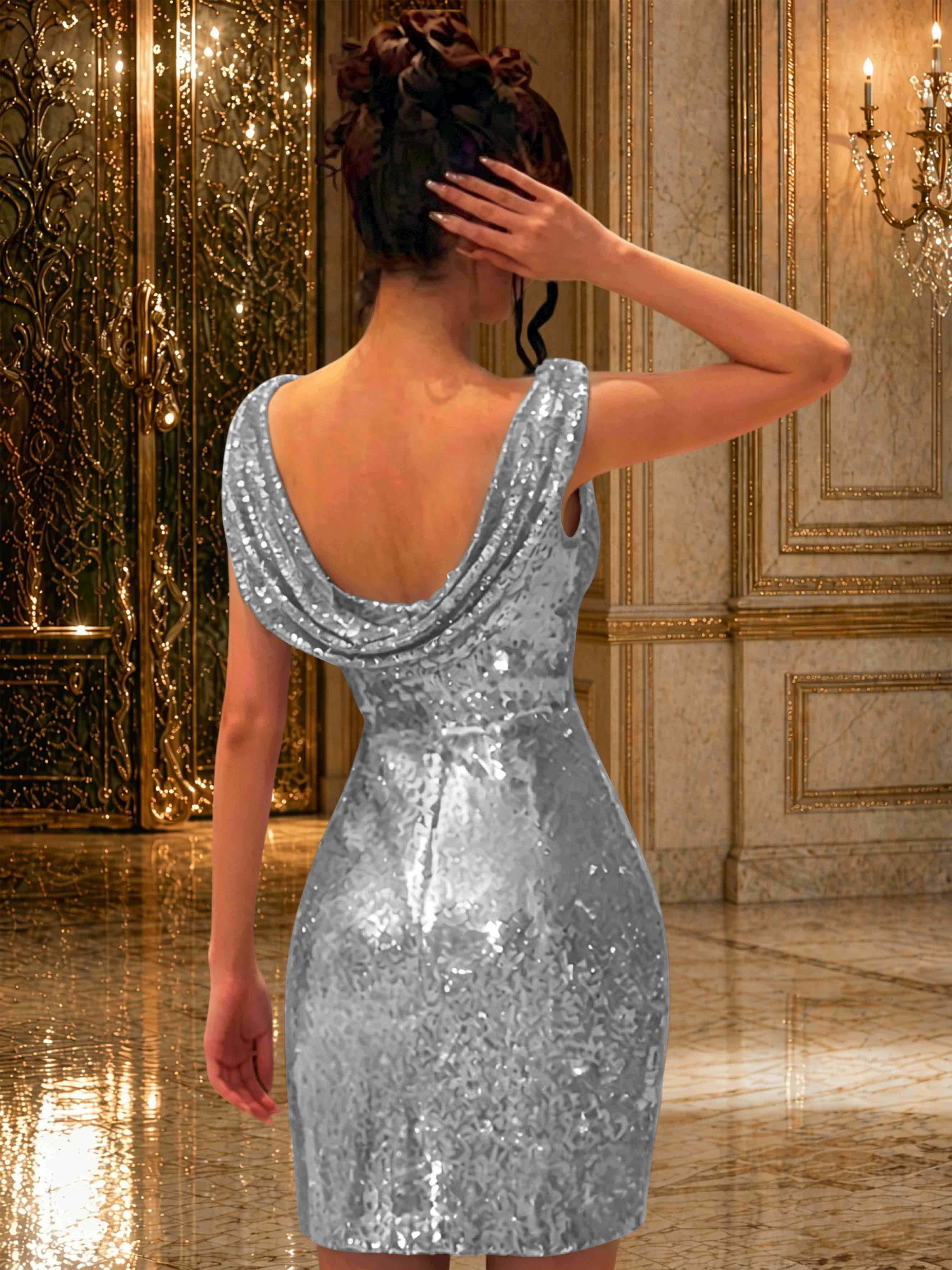 ROVDES Sparkly Off The Shoulder Ruched Sequin Tight Homecoming Mini Dress