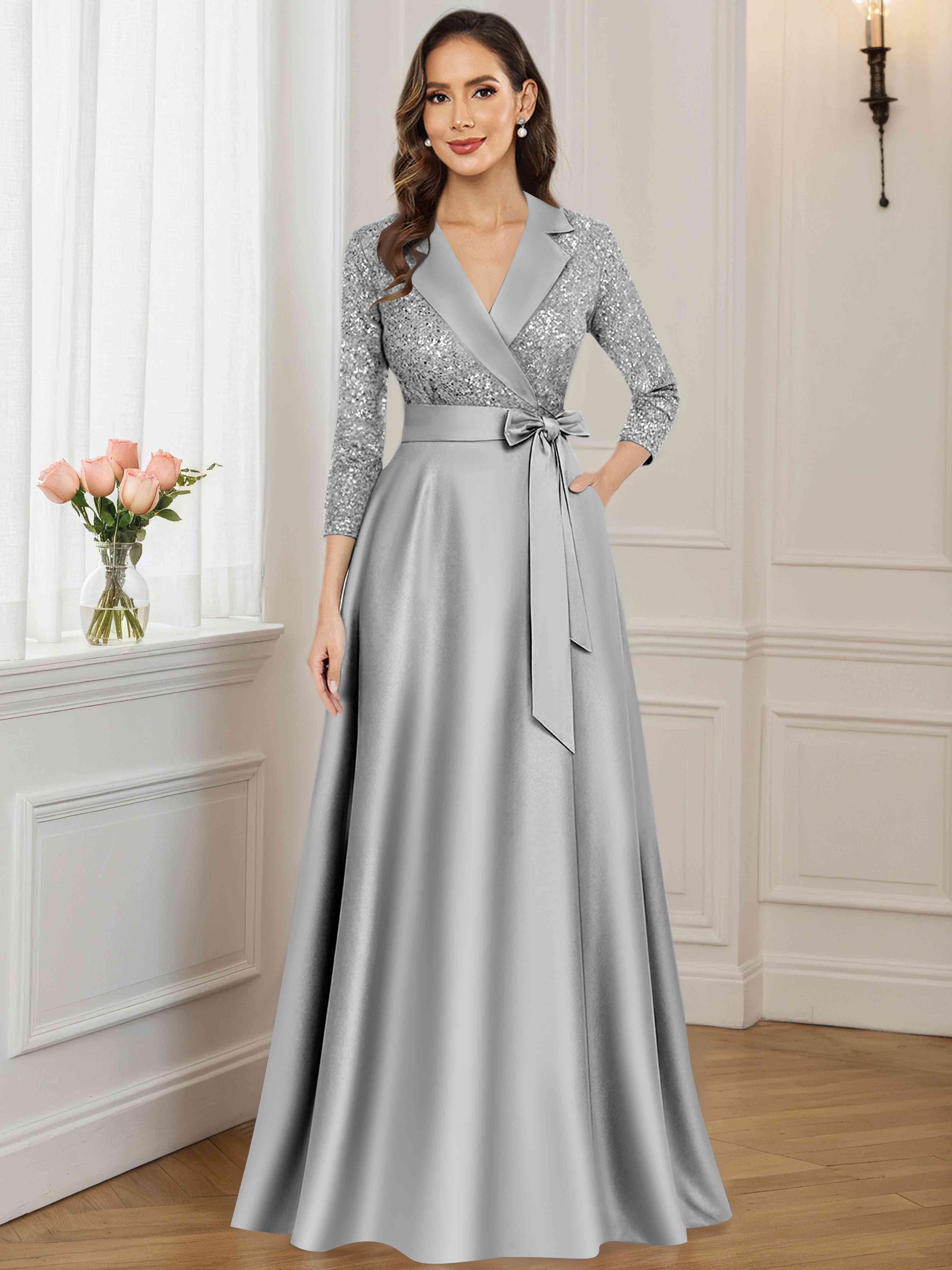 ROVDESY A-Line V Neck Sequin Satin  Long Mother of The Bride Dress Formal Gown With 3/4 Sleeves
