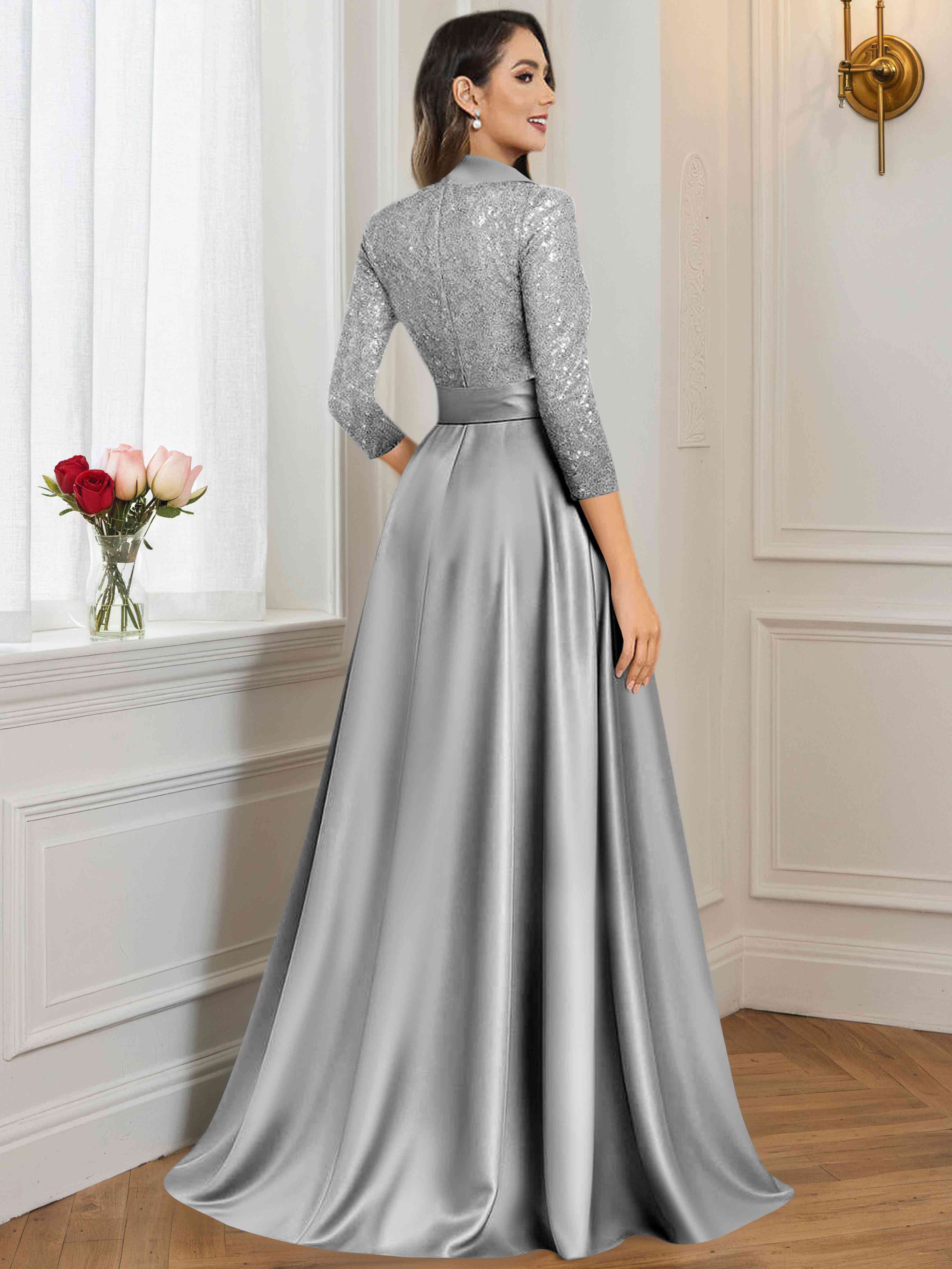 ROVDESY A-Line V Neck Sequin Satin  Long Mother of The Bride Dress Formal Gown With 3/4 Sleeves