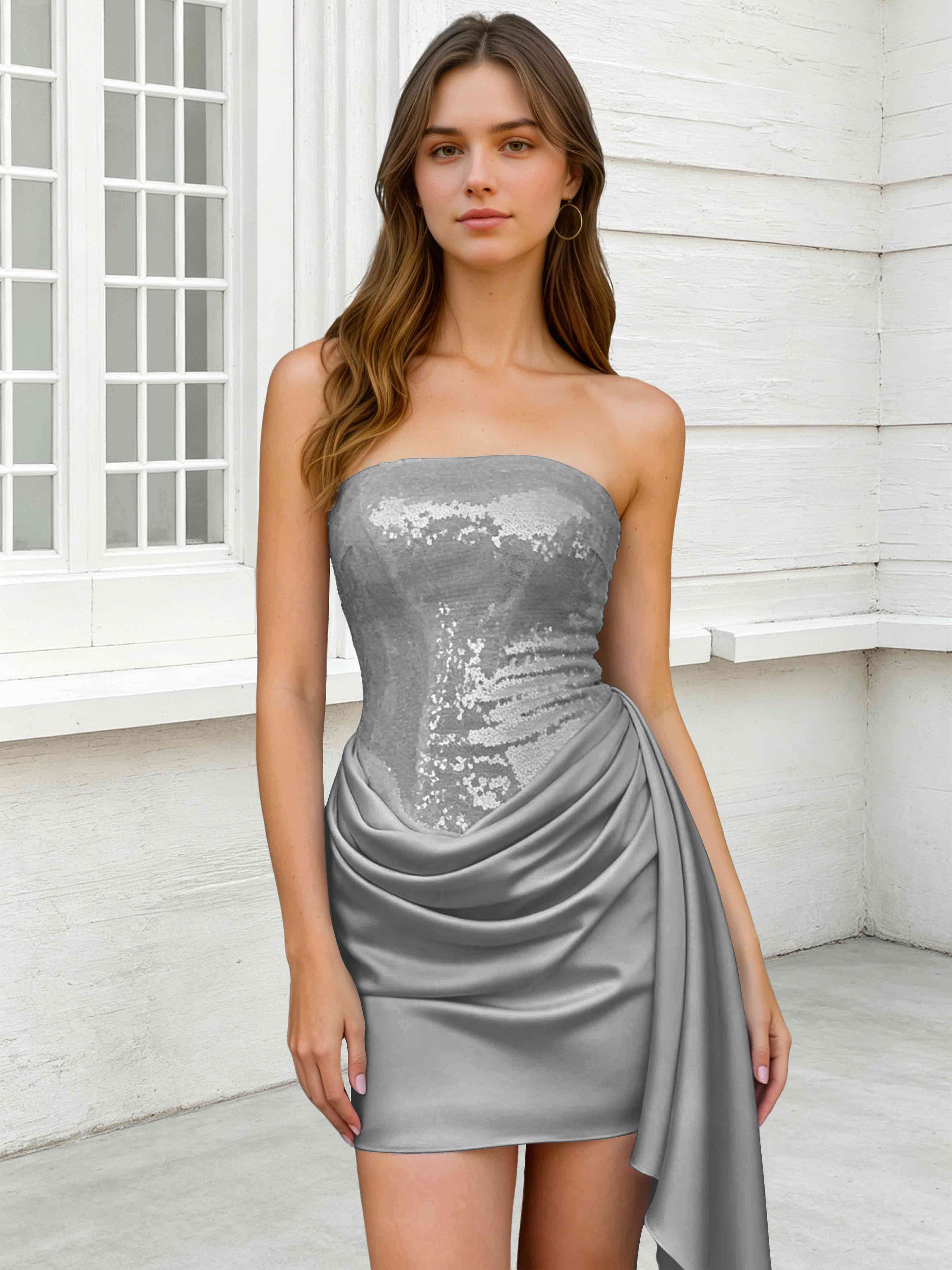 ROVDES Strapless Sequin Satin Tight Homecoming Mini Dress With Side Sash