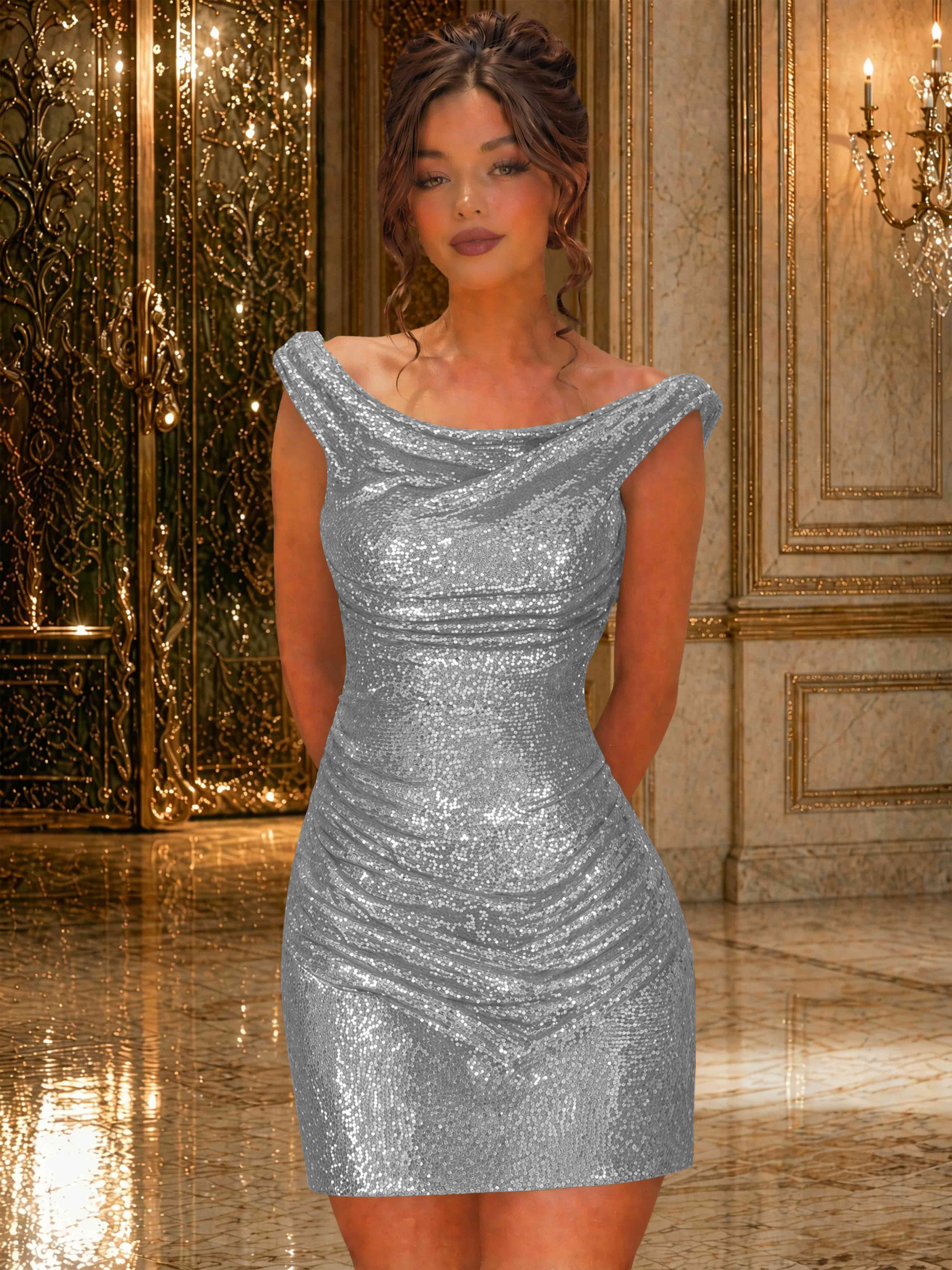 ROVDES Sparkly Off The Shoulder Ruched Sequin Tight Homecoming Mini Dress