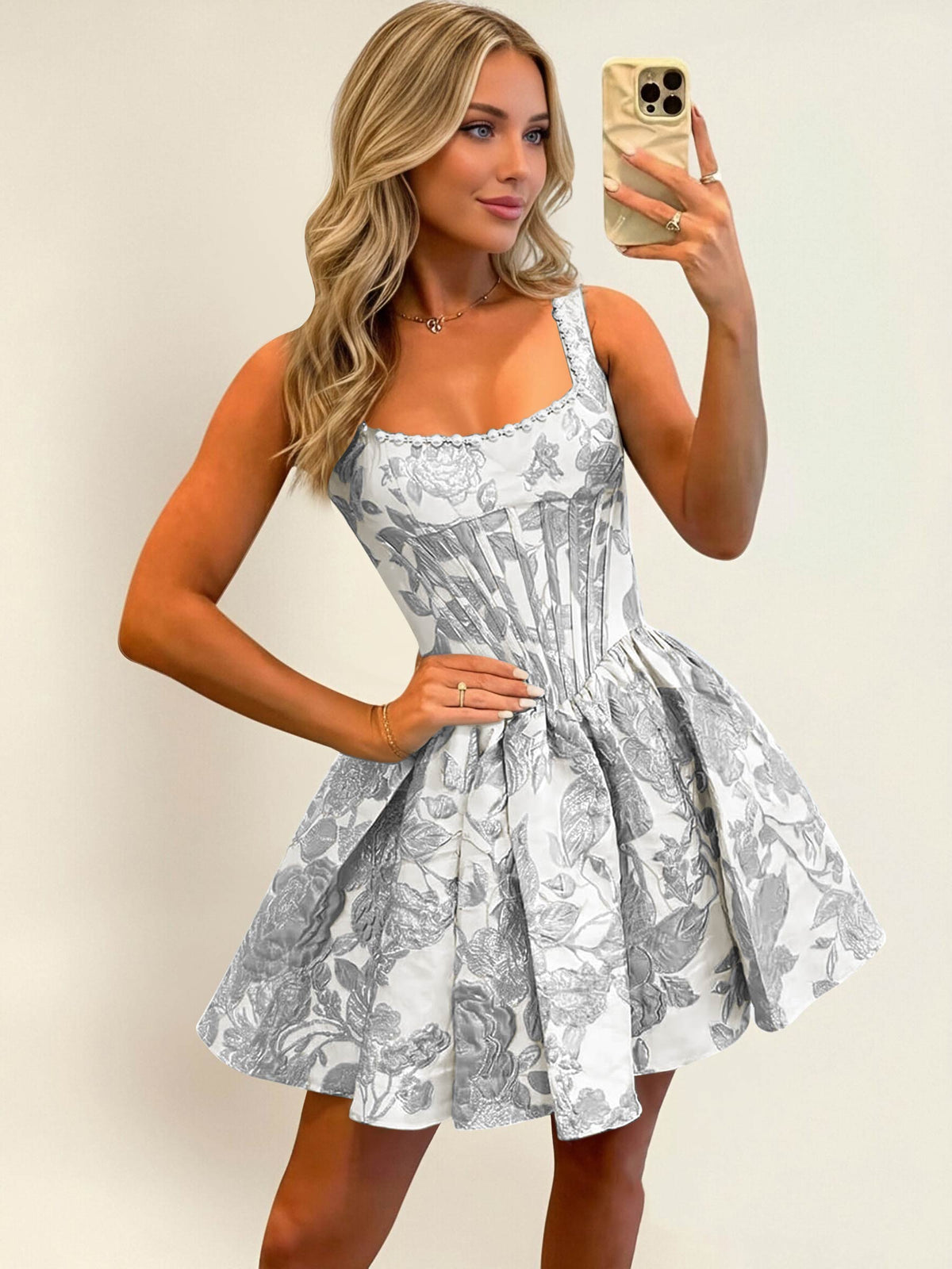 Jacquard Floral Satin A Line Mini Homecoming Dress