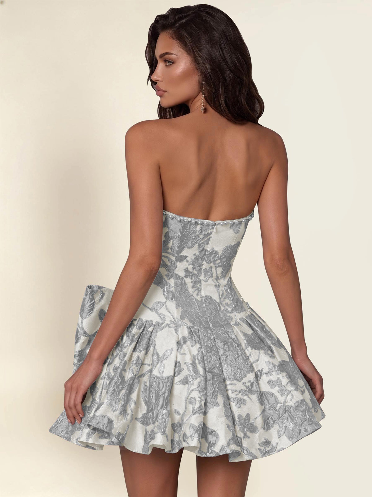 ROVDESY A-Line Strapless Jacquard Satin Homecoming Mini Dress With Big Bow