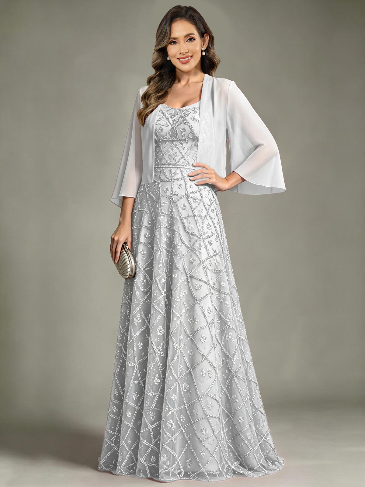 2 Pieces Sequin Long Mother of The Bride Dress with Jacket