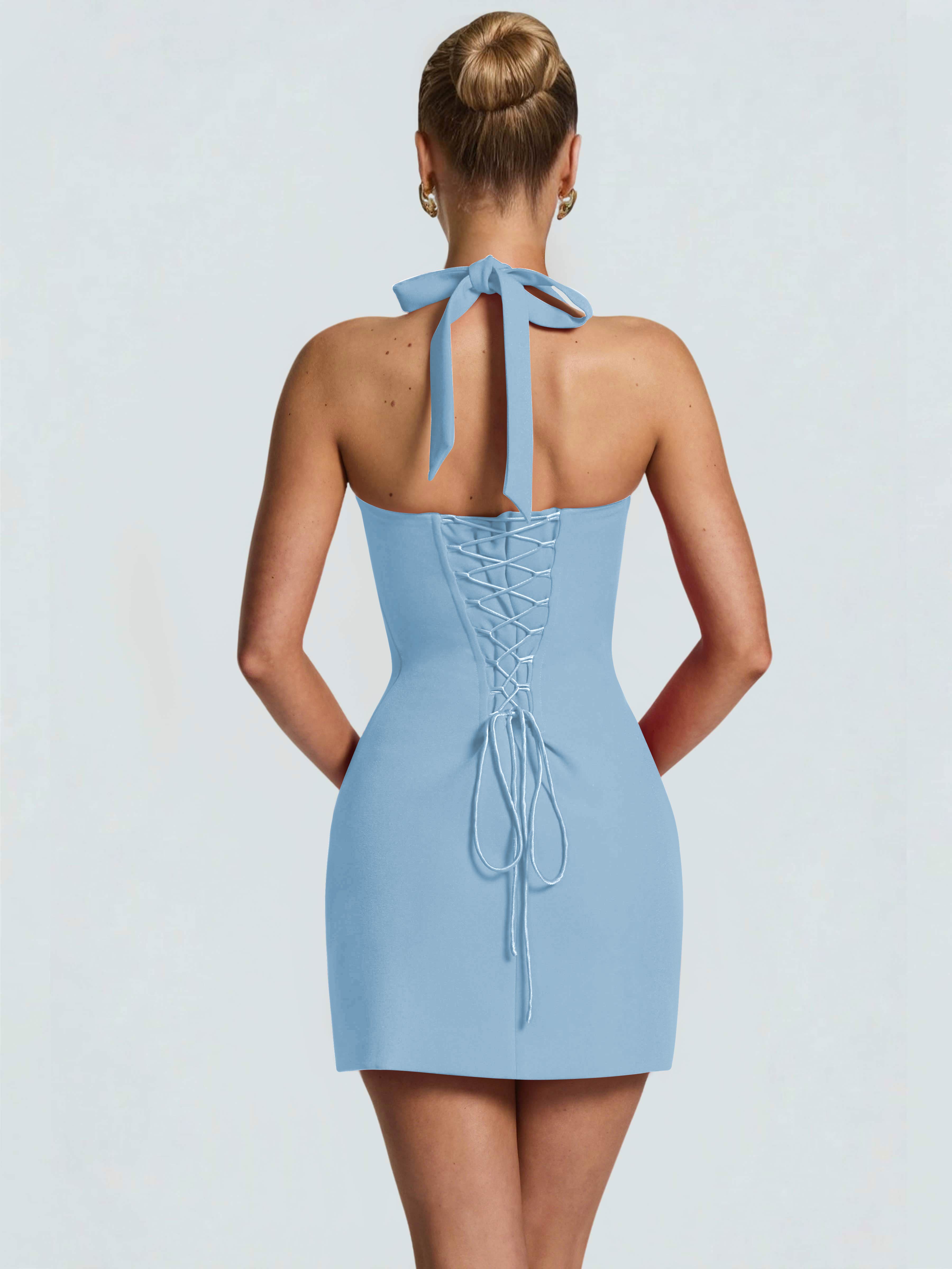 ROVDESY Halter Lace Satin Tight Homecoming Mini Dress