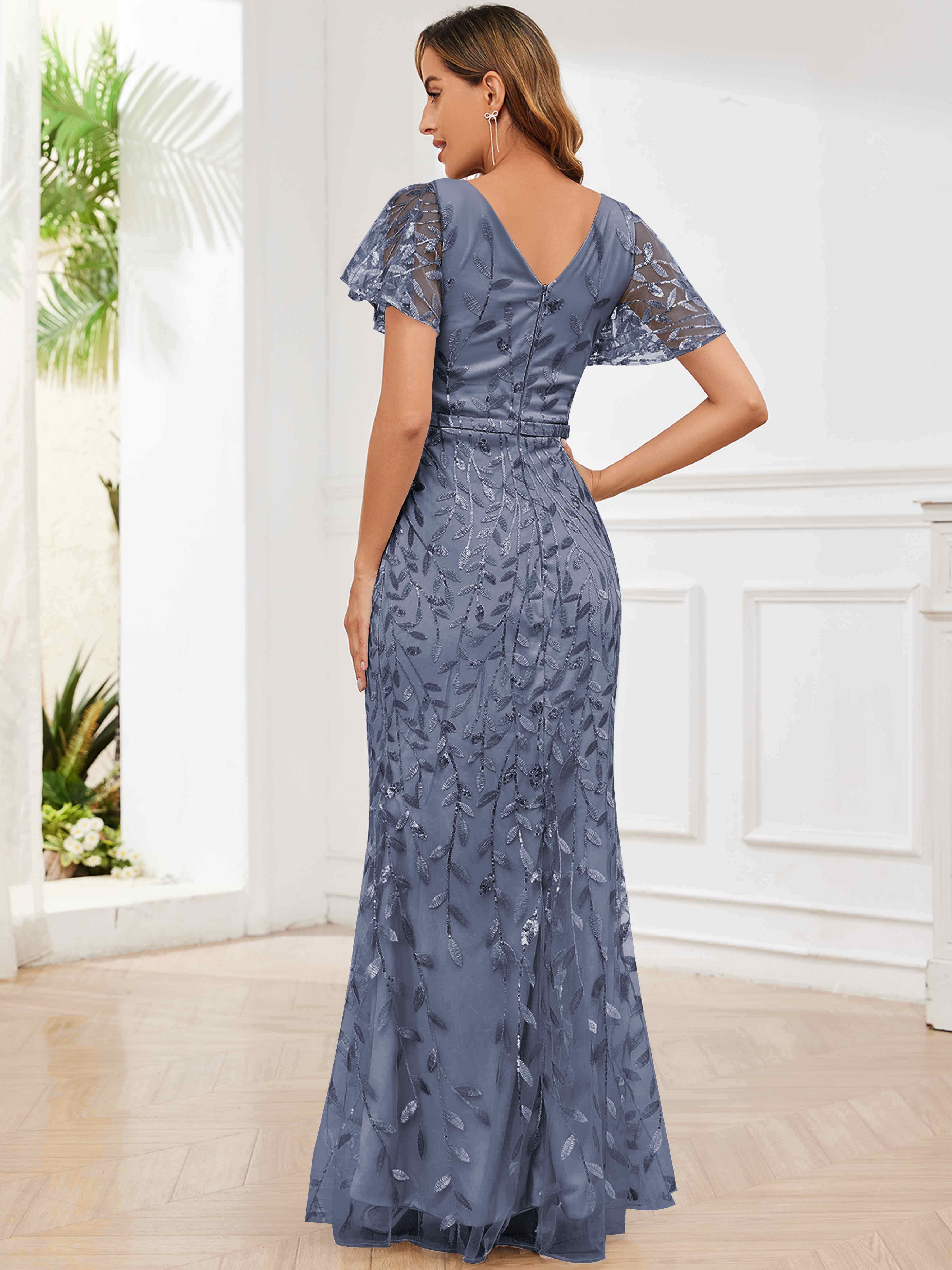 ROVDESY V-Neck Mermaid Sequin Mother Of The Bride Dress With Short Sleeves