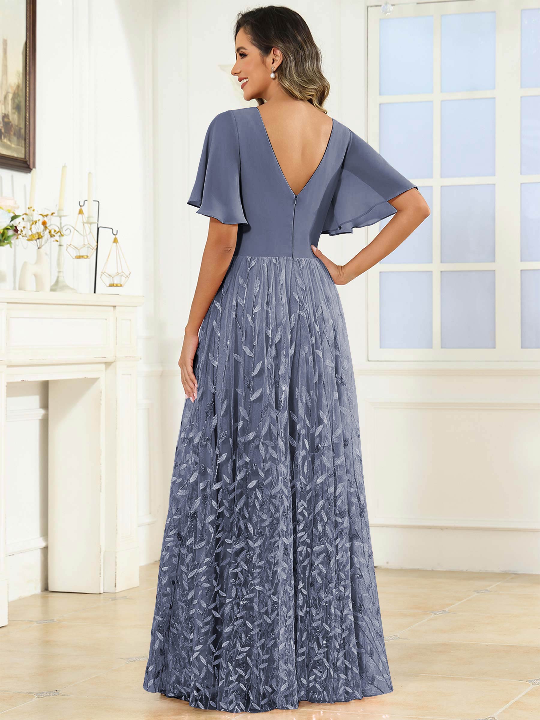 ROVDESY A-Line V-Neck Chiffon Sequin Mother Of The Bride Dress With Short Sleeves