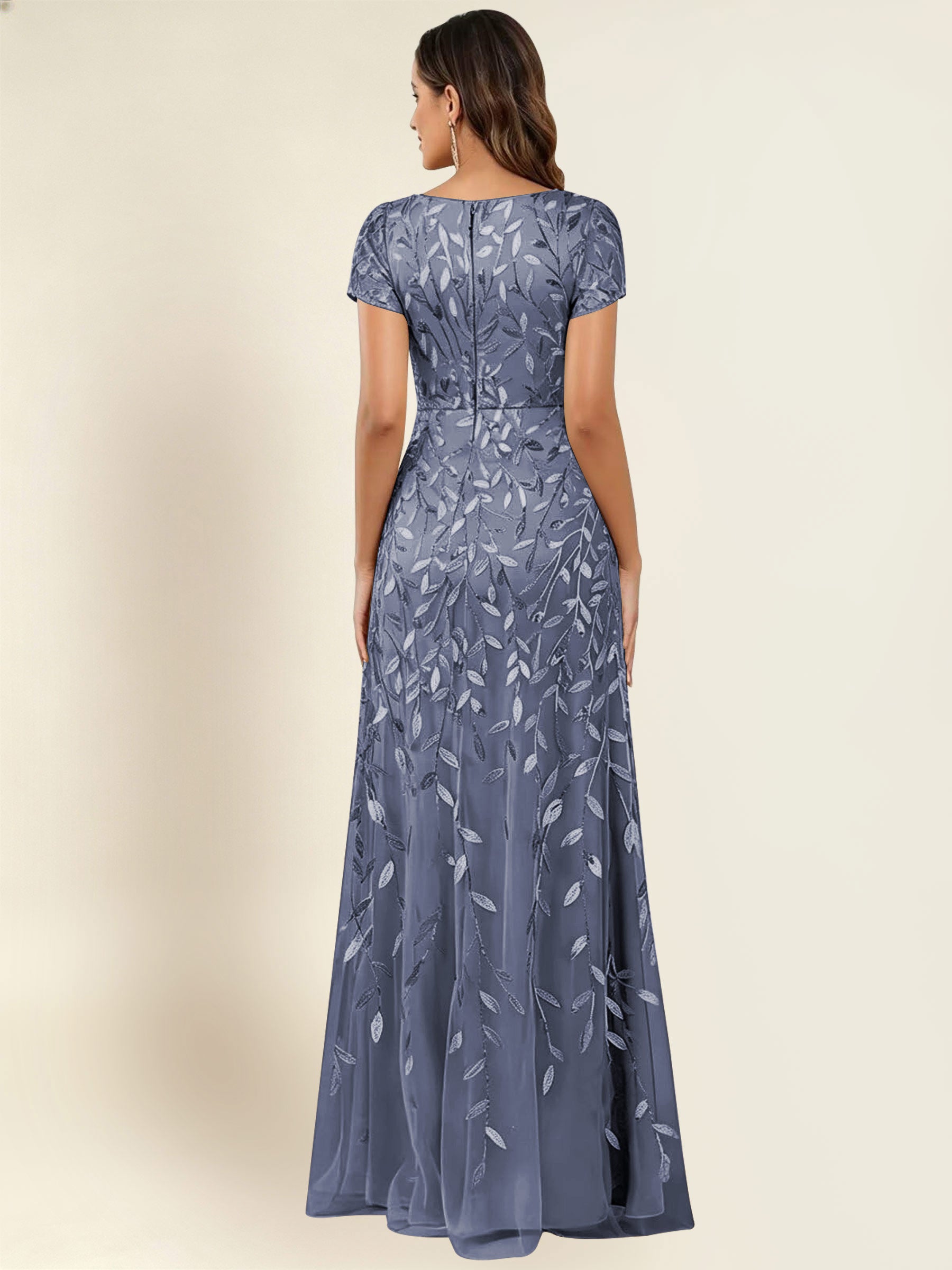 ROVDESY Sequin Mermaid Long Mother Of The Bride Dress With Short Sleeves Formal Gown