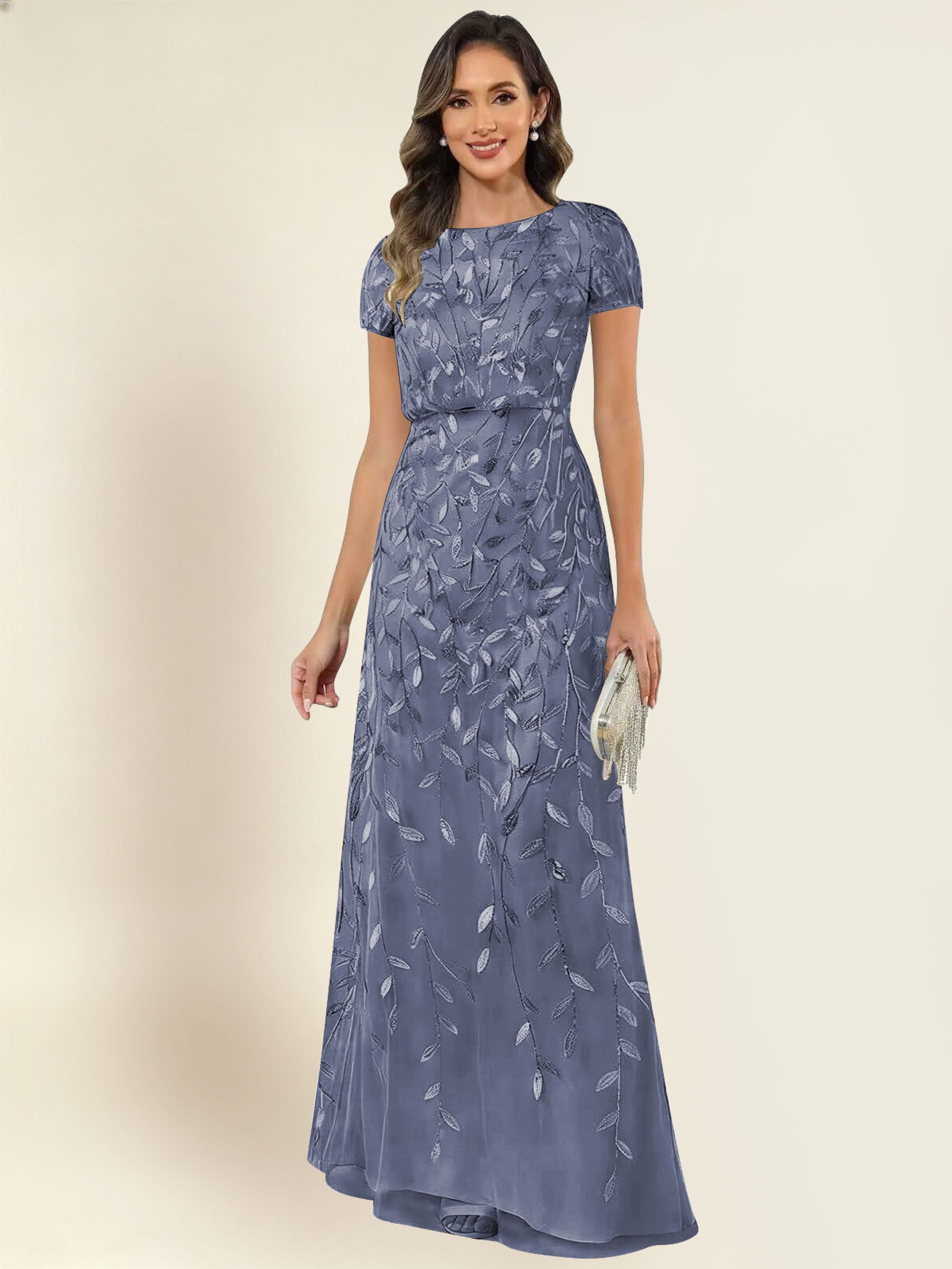 ROVDESY Sequin Mermaid Long Mother Of The Bride Dress With Short Sleeves Formal Gown