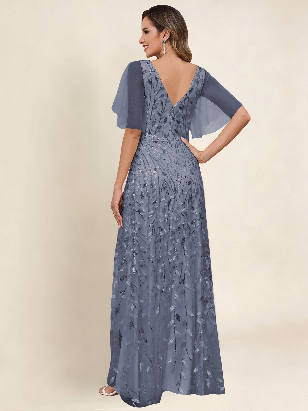 V Neck Sequin Tulle A Line Mother of the Bride Dress with Sleeves
