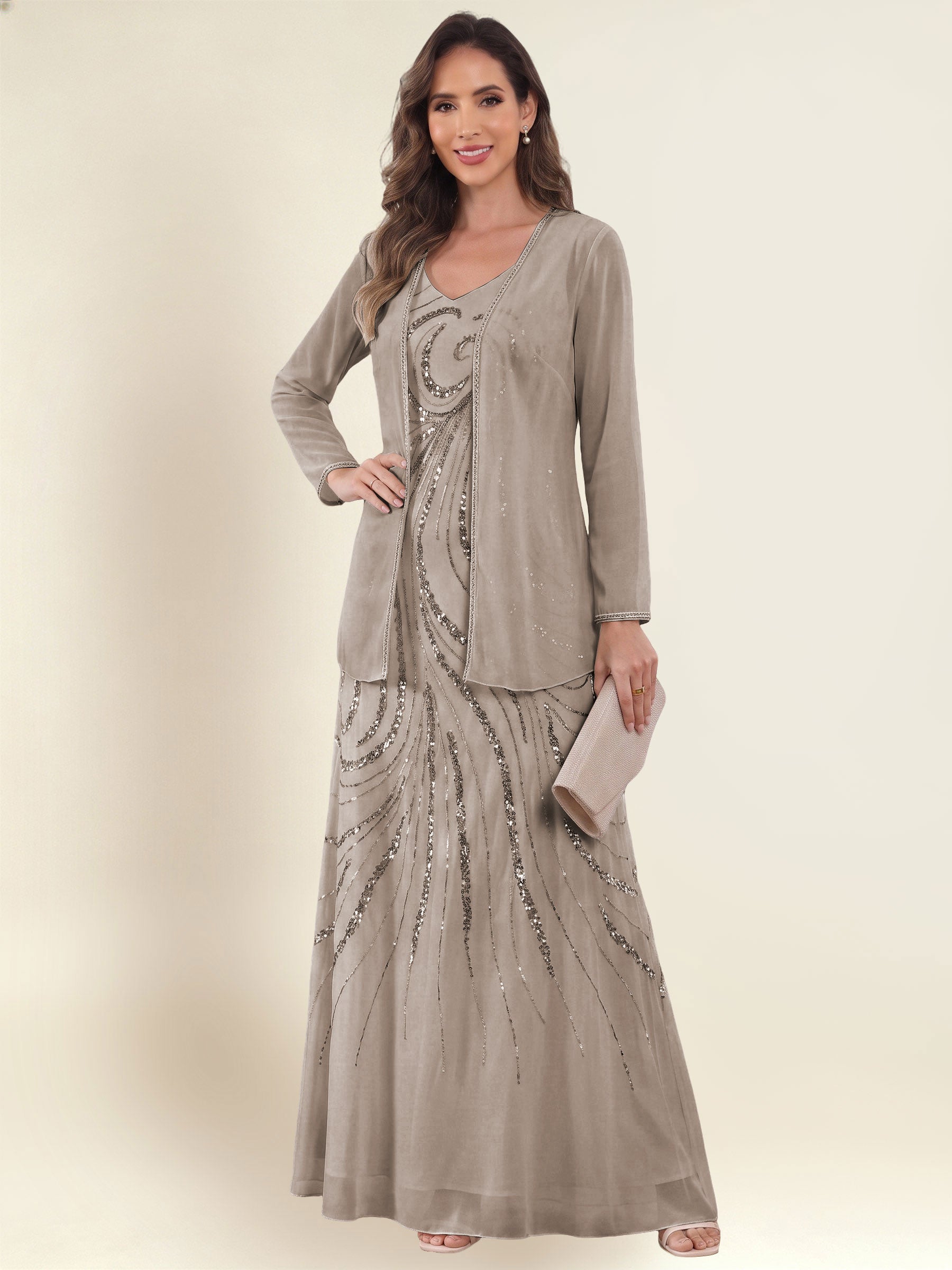 ROVDESY 2 Pieces V-Neck Sequin Chiffon Long Mother Of The Bride Dress With Long Sleeve Jacket