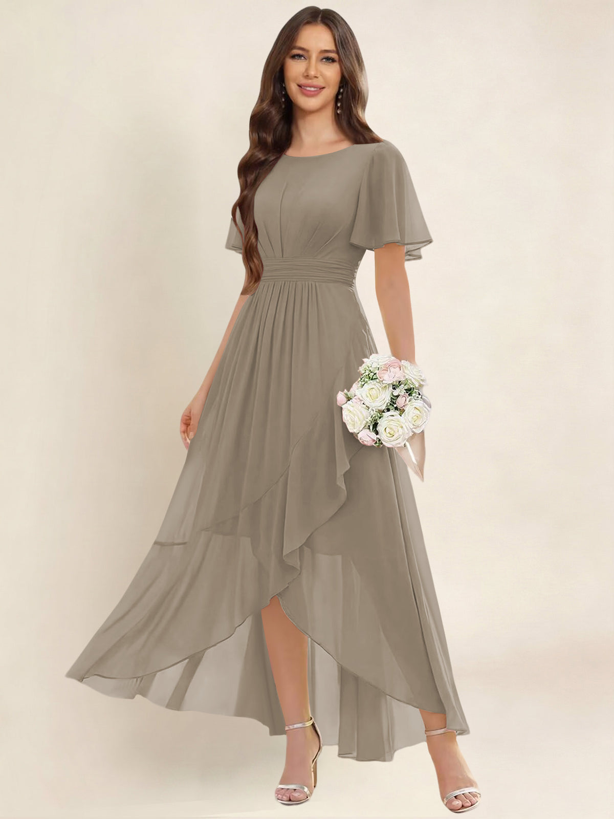 ROVDESY A-Line High Low Round Neck Pleated Ruffle Chiffon Bridesmaid Dress With Short Sleeves