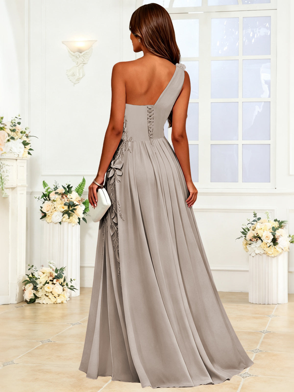 One Shoulder 3D Flower Chiffon Bridesmaid Dress with Slit