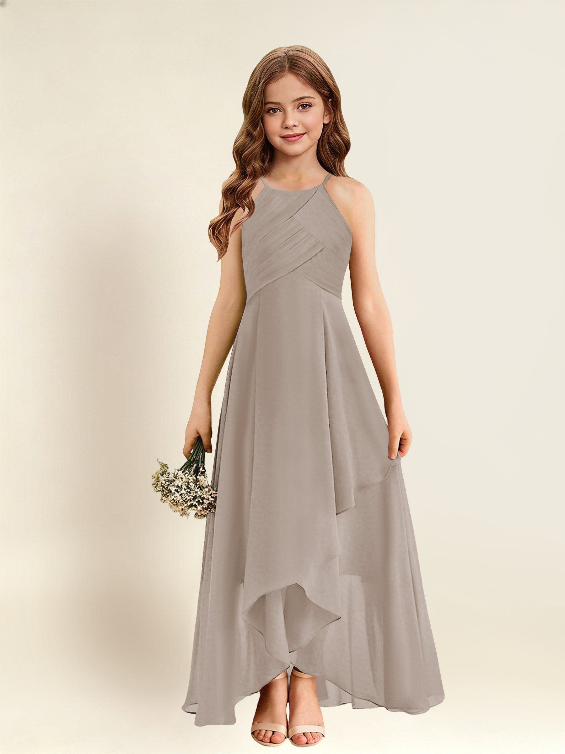 ROVDESY A-Line Halter Pleated Chiffon Junior Bridesmaid Dress