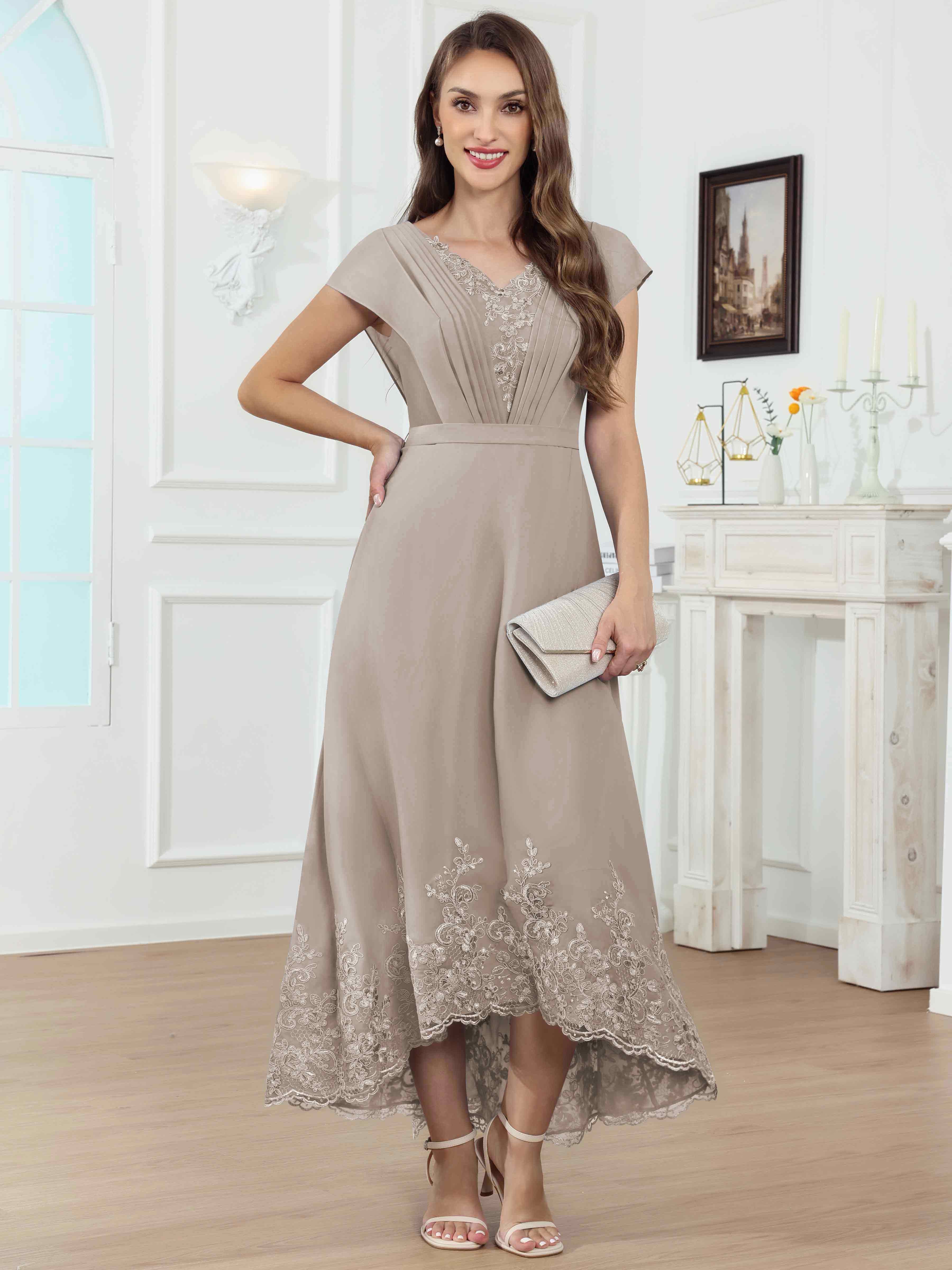ROVDESY Tea Length High-Low V-Neck Ruched Lace Chiffon Mother of The Bride Dress for Women