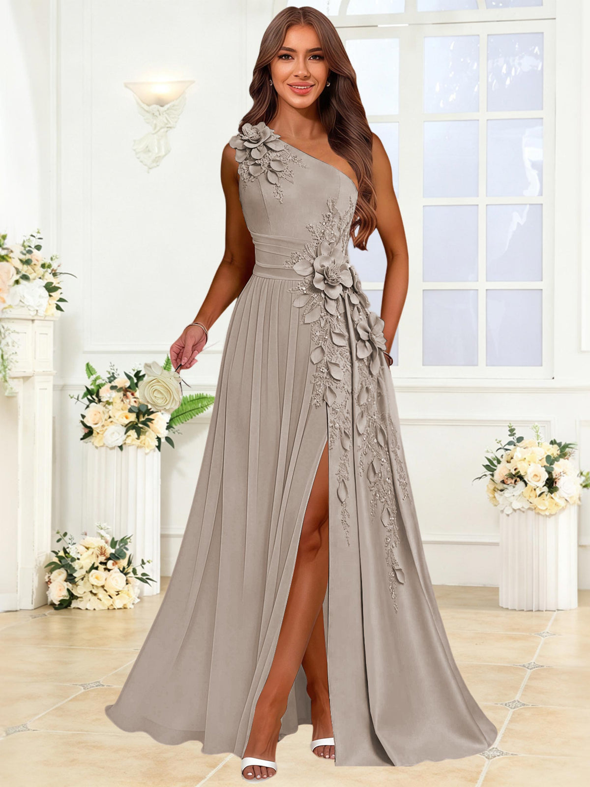 One Shoulder 3D Flower Chiffon Bridesmaid Dress with Slit