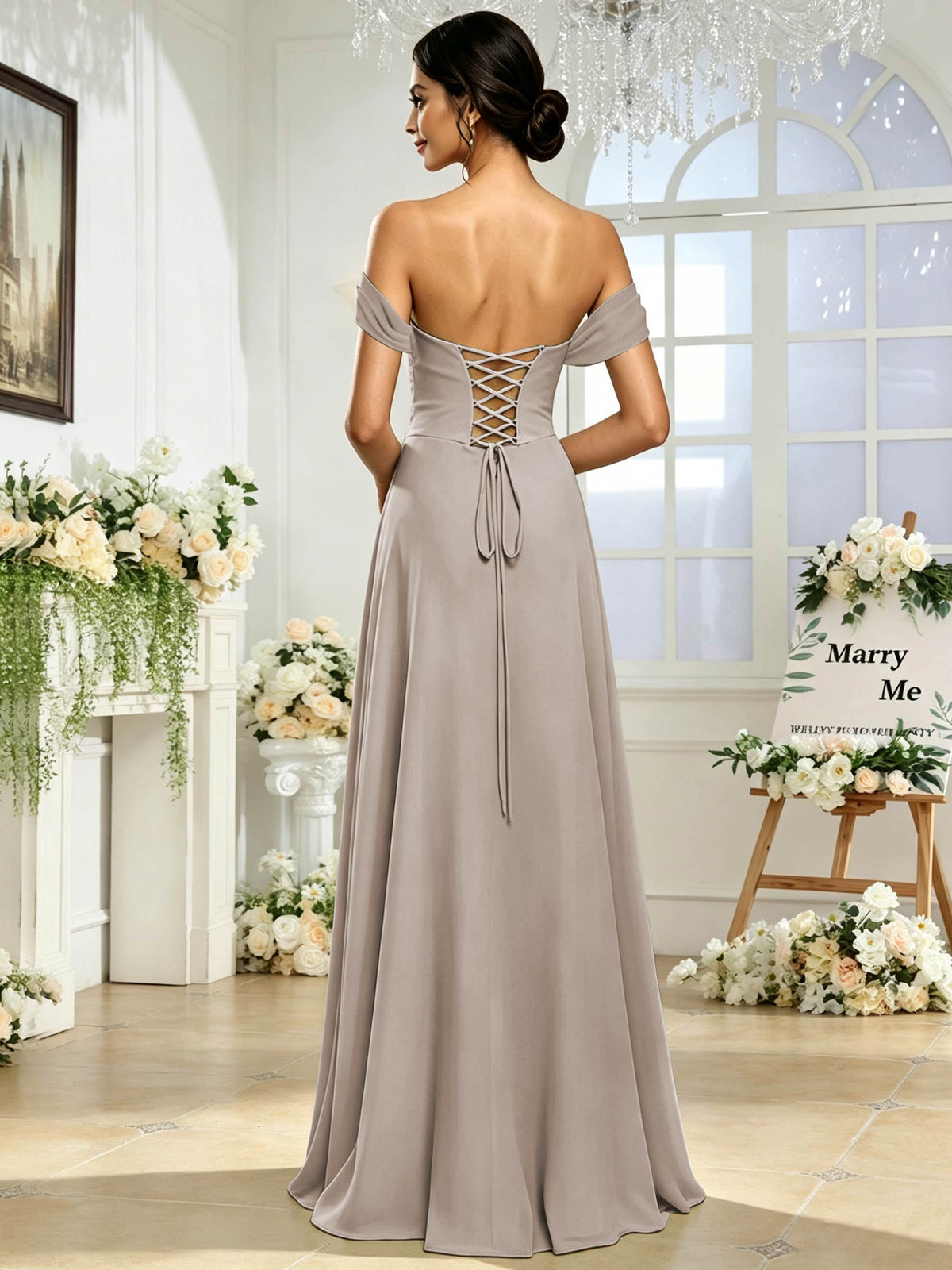 Off the Shoulder Chiffon A Line Long Bridesmaid Dress with Slit