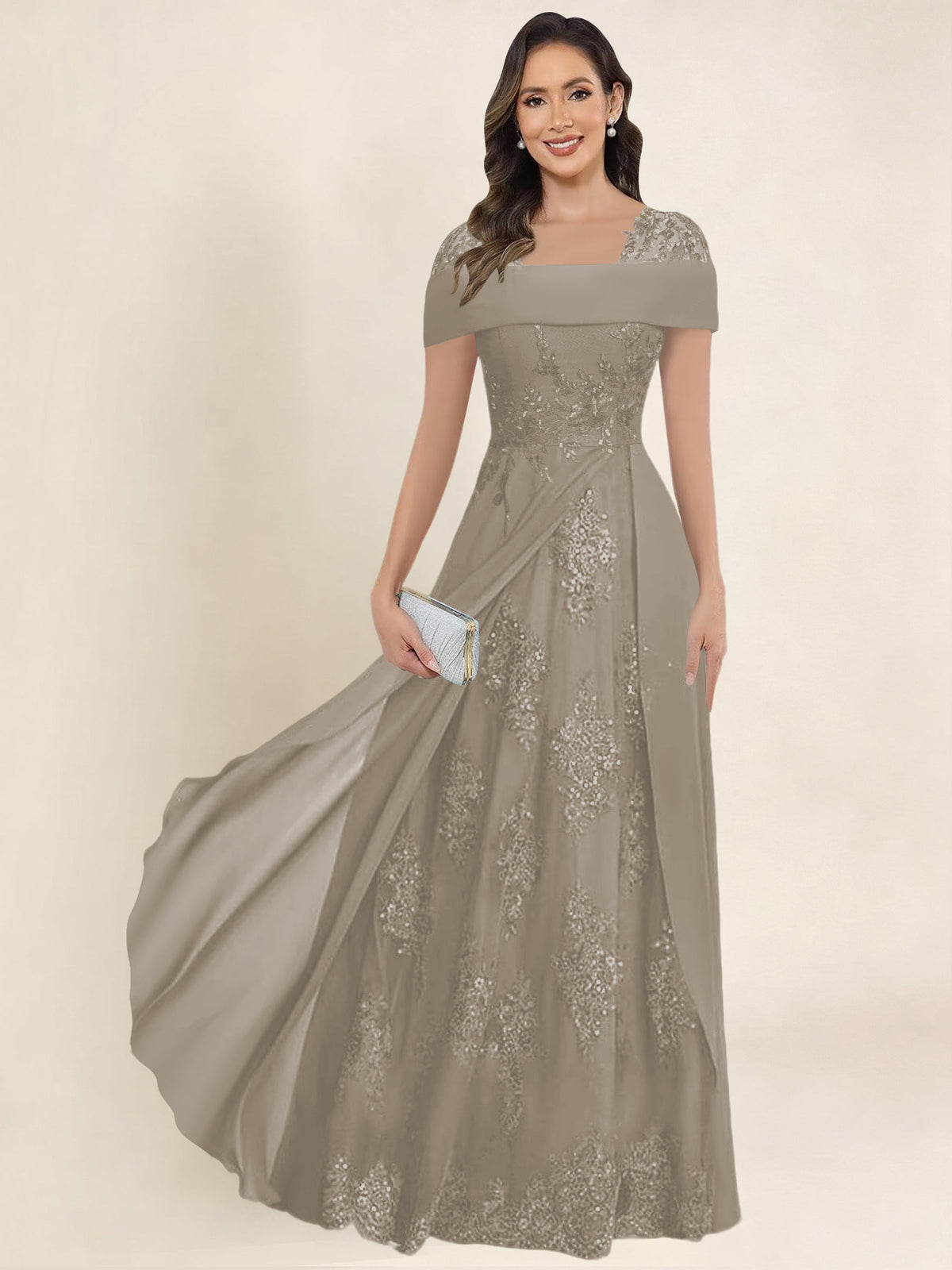 ROVDESY A-Line Off The Shoulder Lace Chiffon Long Mother of the Bride Dress Formal Gown