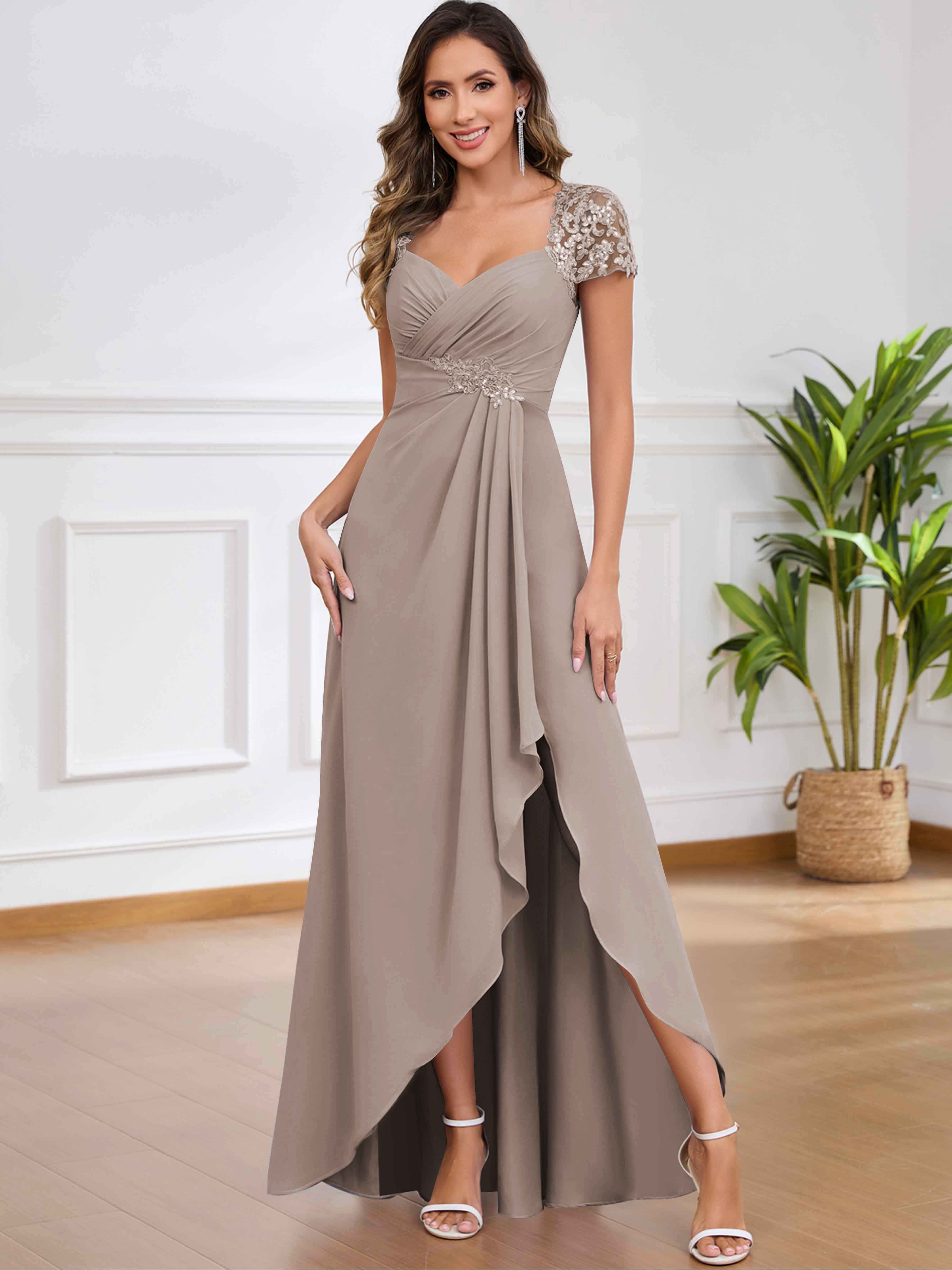ROVDESY A-Line Pleated Lace Sequin Ruffle Chiffon Mother Of The Bride Dress With Slit