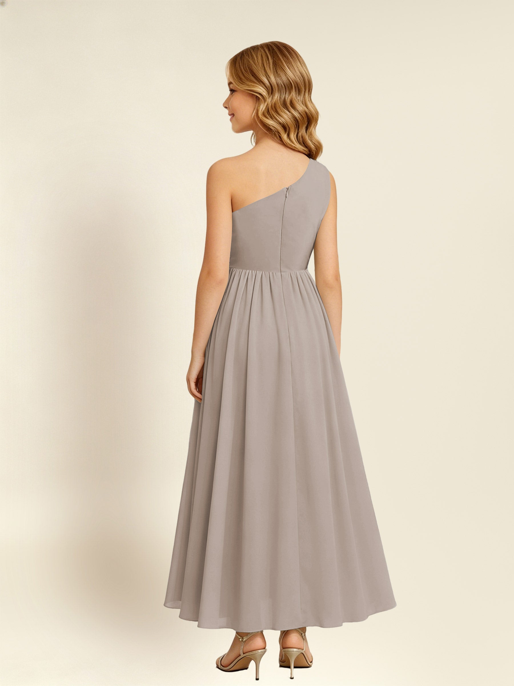 ROVDESY One Shoulder Twist Waist Chiffon Junior Bridesmaid Maxi Dress