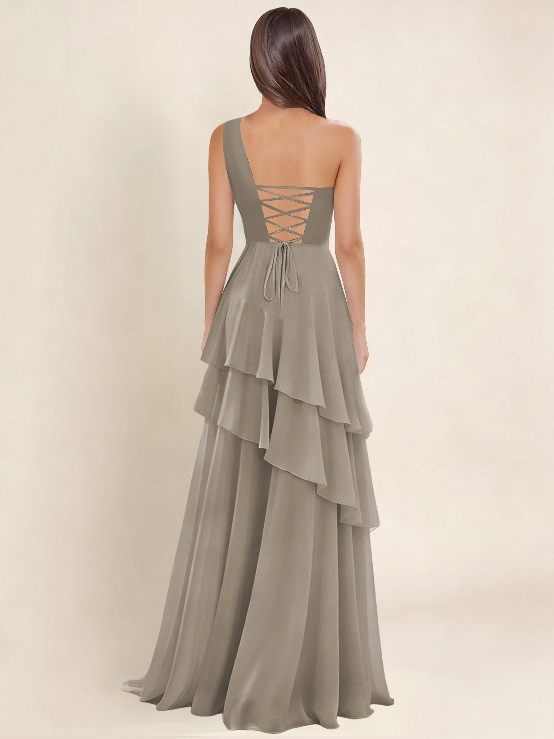 ROVDESY A-Line One Shoulder Pleated Tiered Chiffon Bridesmaid Dress