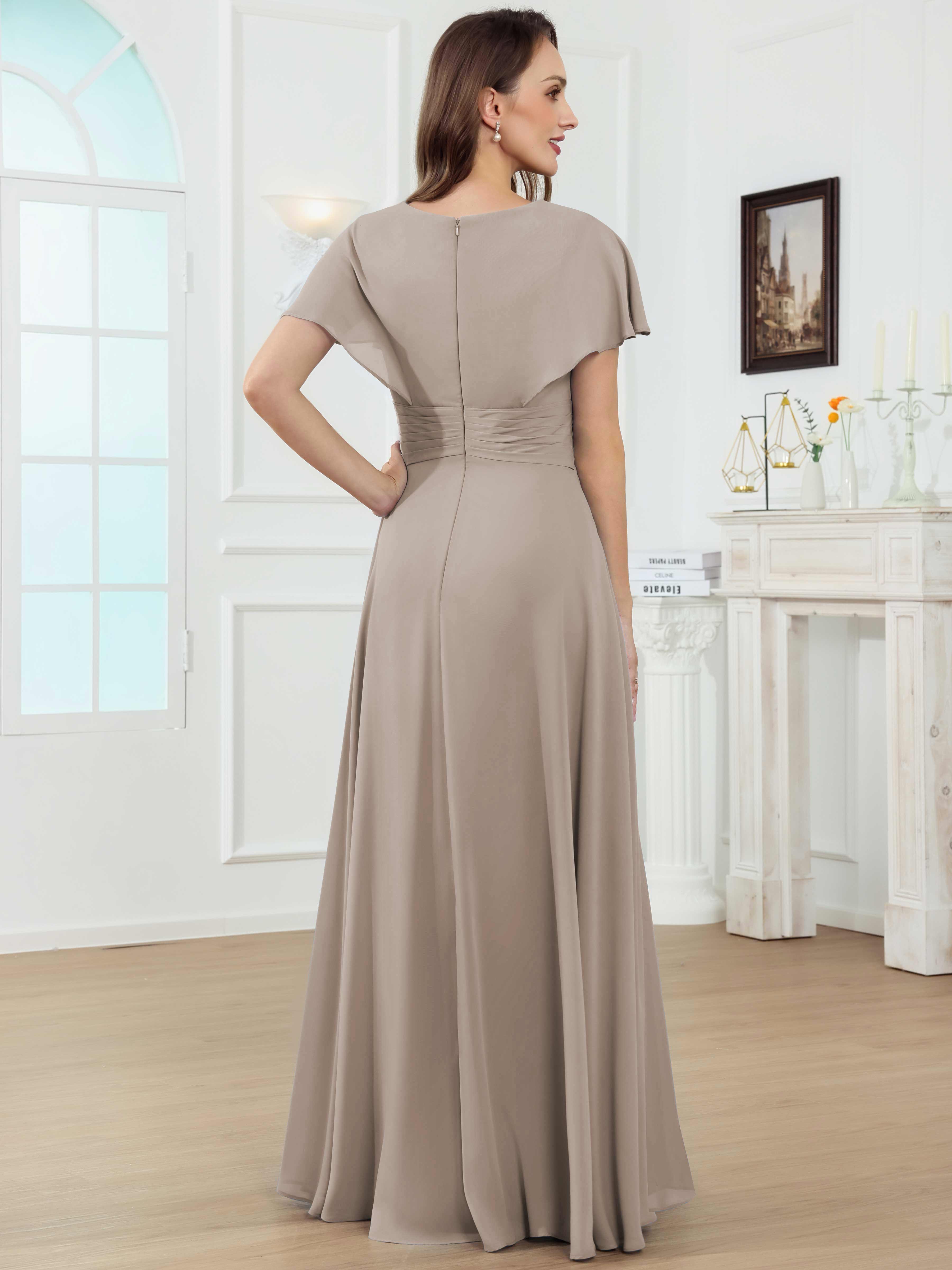 ROVDESY A-Line V-Neck Pleated Lace Chiffon Mother Of The Bride Dress With Short Sleeves