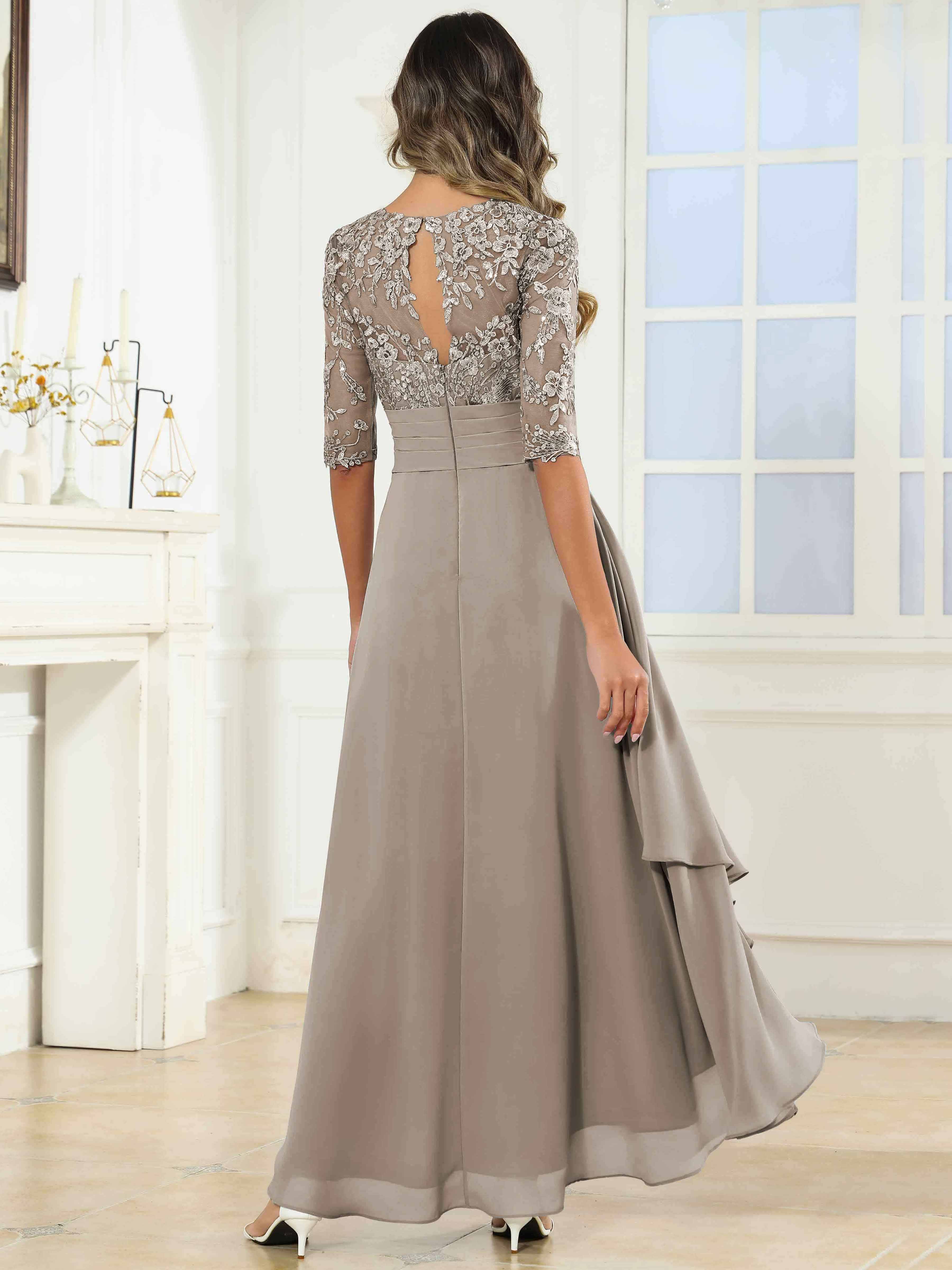 ROVDESY Tea Length A-Line Lace Chiffon Mother Of The Bride Dress With Half Sleeves