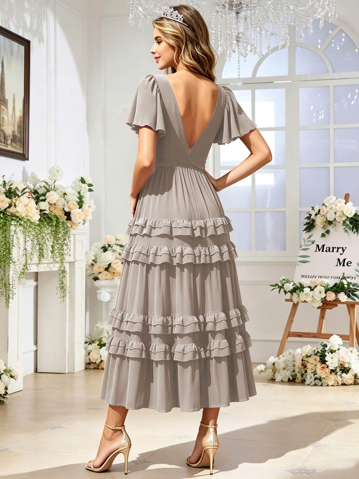 A Line Chiffon Pleated Bridesmaid Dress with Sleeves